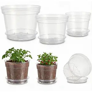 6/8/10 in Clear Nursery Pots for Plants with Saucers, Thickened Plastic Plant Pots with Drainage Holes, Transparent Seeding Start Planters for Indoor Outdoor,6 Pack