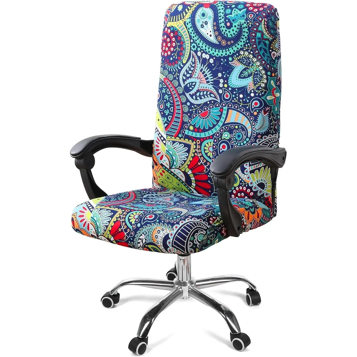 Zippered Stretch Printed Office Chair Cover, Universal Removable Washable Spandex Protector for Rotating Desk Chairs, Soft Anti-Dust Blue Green Indoor Furniture Slipcover