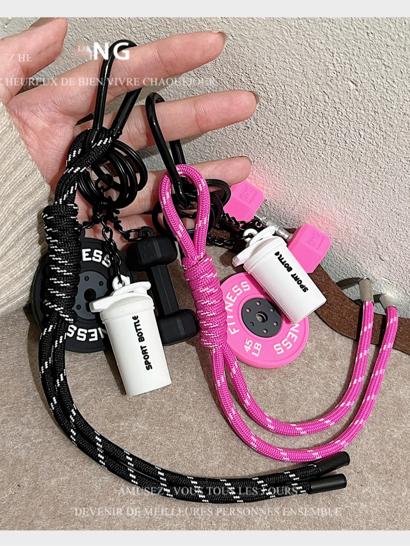 Fitness Gym Keychain, Barbell & Dumbbell Pendant Lanyard Keyring with Woven White and Pink Rope, Bag/Purse Charm and Weightlifting Themed Jewelry Accessory Fitness Gym Keychain, Barbell & Dumbbell Pendant Lanyard Keyring with Woven White and Pink Rope, Bag/Purse Charm and Weightlifting Themed Jewelry Accessory