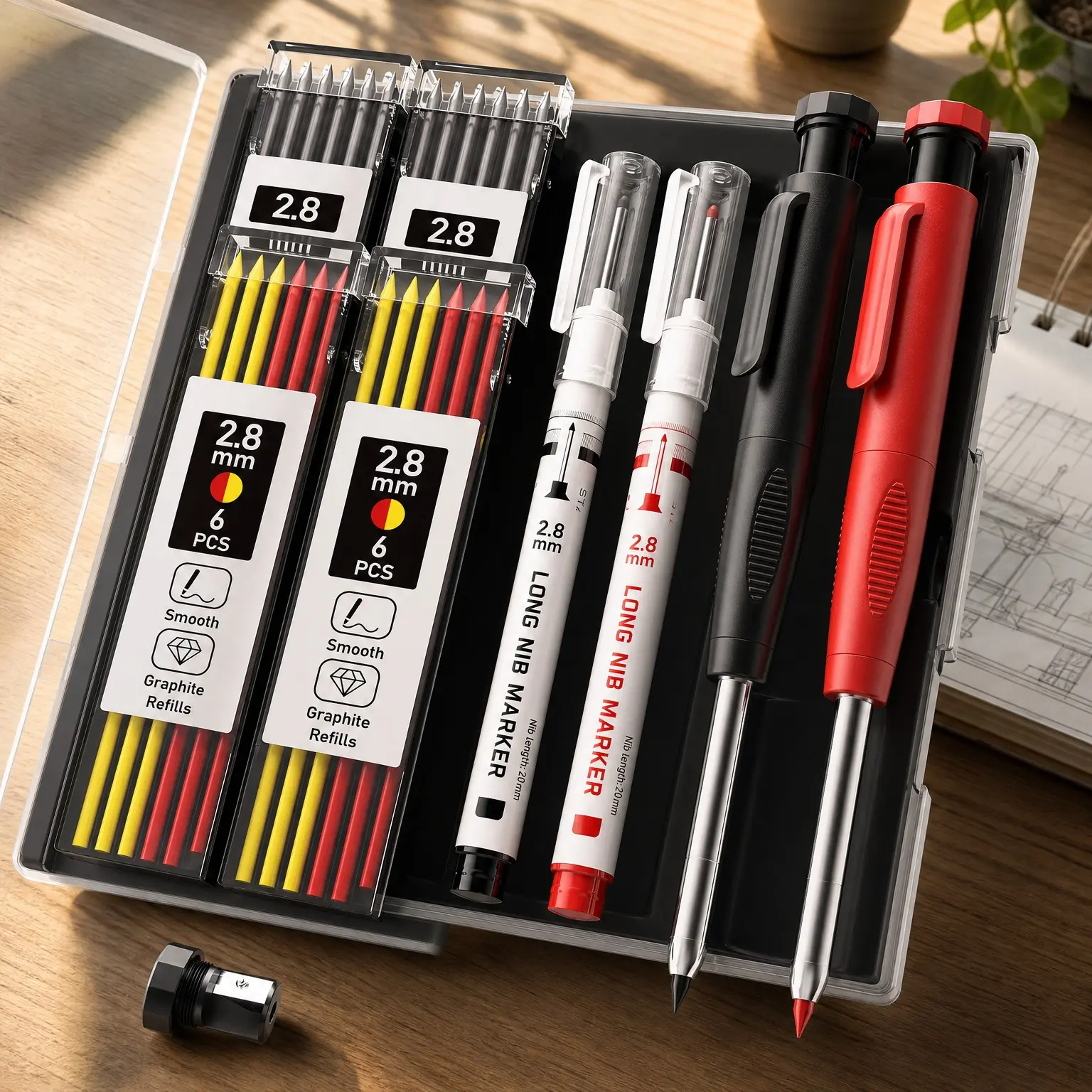 2.8mm Carpenter Pencils with Sharpener, 2-Pack Storage Case, 26 Refills, Deep Hole Long Nib Marker, Waterproof Heavy Duty Woodworking Tools for Architect Construction Electricians