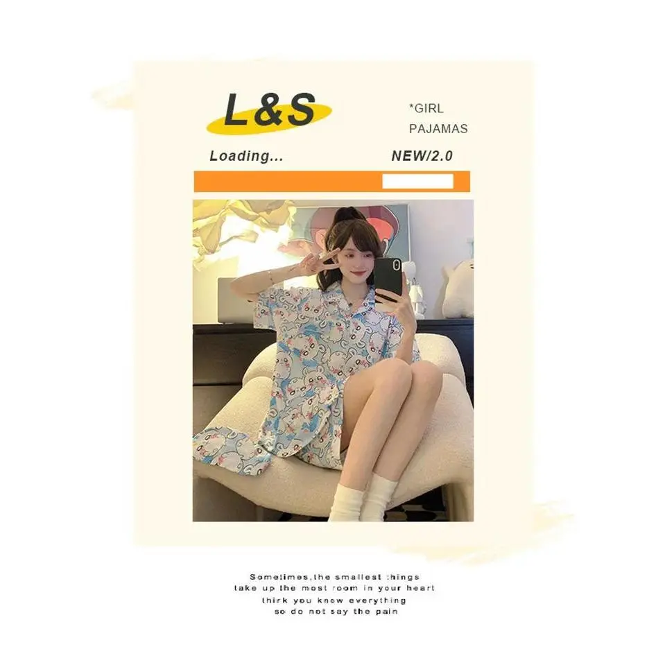Women Chiikawa Hachiware Print Pajamas Set Cute Cartoon Short Sleeve Button Up Loungewear Summer Casual Sleepwear