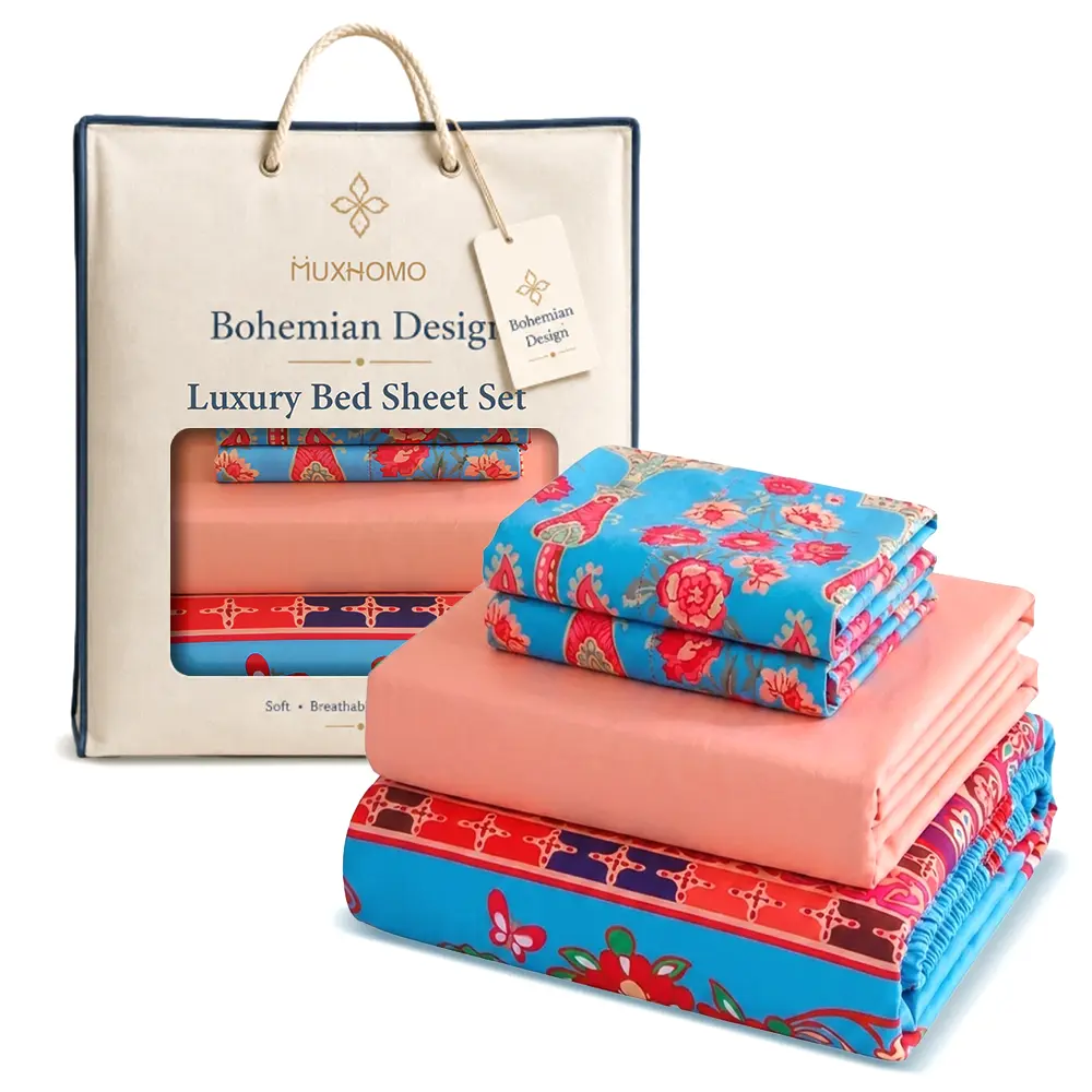 MUXHOMO Bohemian Paisley Striped Bedding Set - 3/4 Piece Patterned Cooling Sheet Set, Breathable Bedding Sheets, Ultra Soft Wrinkle-Free 16" Deep Pocket Fitted Sheet with All Around Elastic,Easy Care Anti-Fade Bed Sheets for Bedroom Home Decor