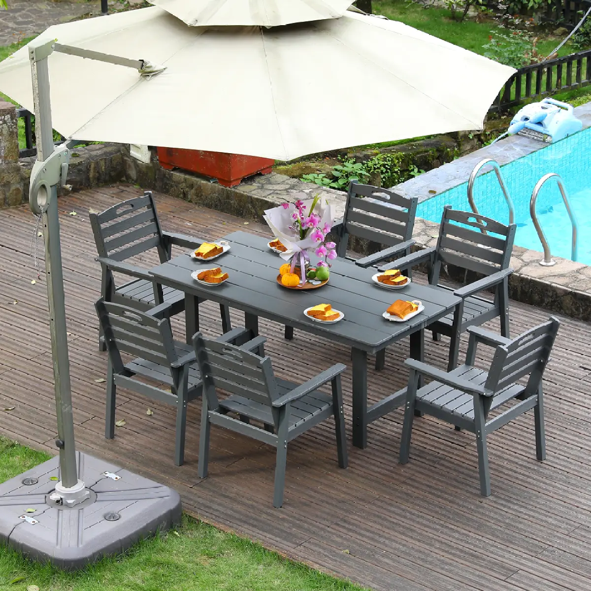 AobtkelHDPE outdoor patio dining set, one table and six chairs. The outdoor dining furniture has sunshade holes and is suitable. It is suitable for lawns, gardens, backyards, and pool sides.Grey,Waterproof