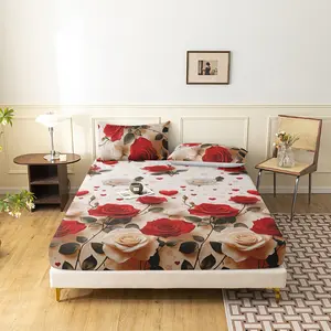 3Pcs Romantic Red White Rose Floral Fitted Sheet Set, Love Heart Pattern Bed Sheet, Deep Pocket Fitted Sheet & Mattress Protector, For Family Dormitory Hotel Bedding Thick Mattress, Machine Washable For All Bed Sizes ( No Pillow)