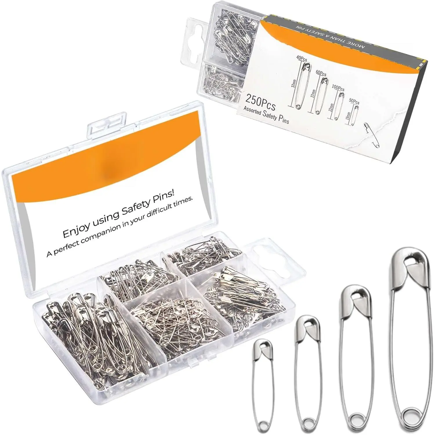 250 Pack Safety Pins , 4 Assorted Sizes of Durable, Silver Small and Large Safety Pins Bulk, Rust-Resistant Nickel Plated Steel, Sharp Edge Pins for Clothes, Sewing, Arts & Craft