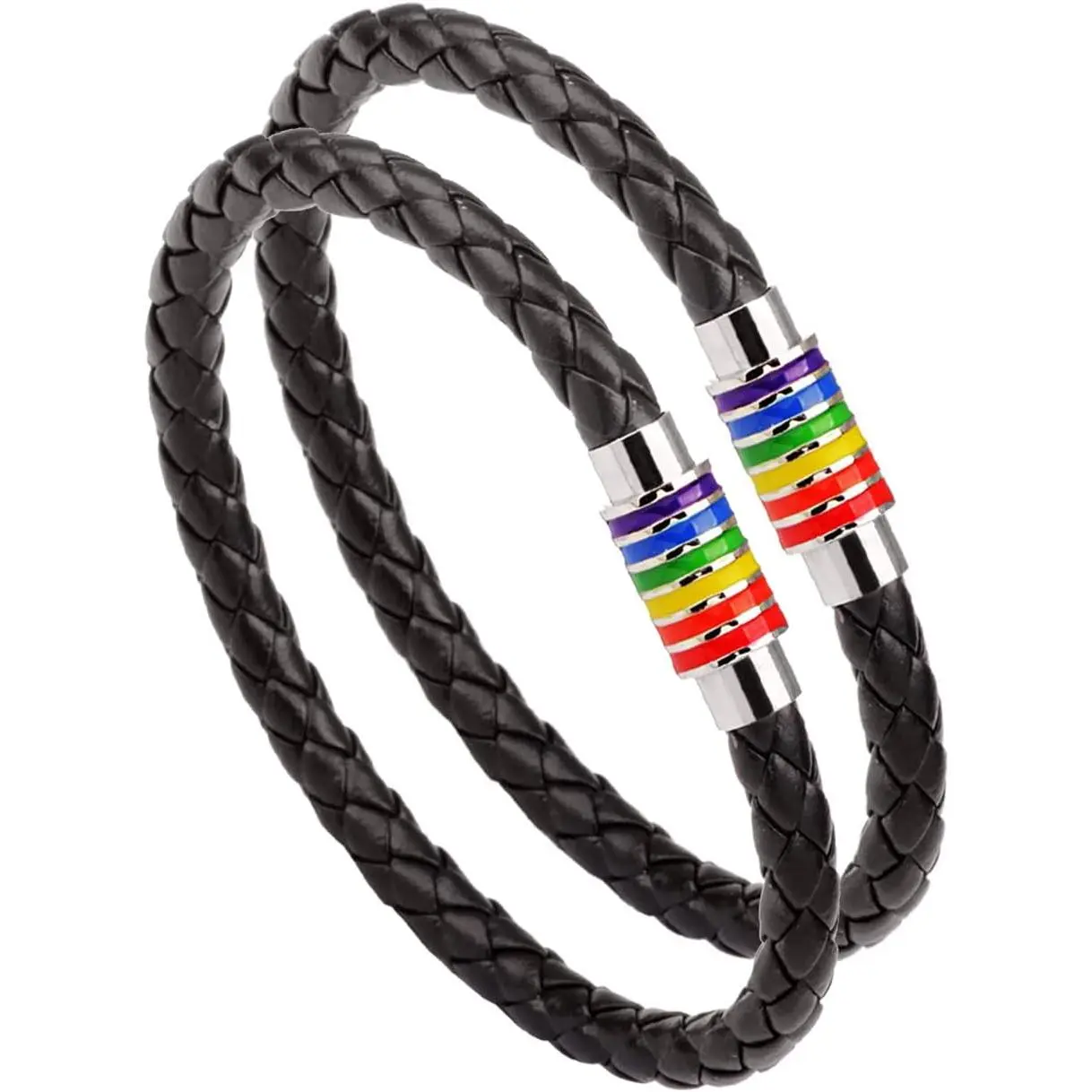 2Packs LGBT Rainbow Bracelet for Couple, Memorial Pride Month Leather Bracelet for Gay Les
