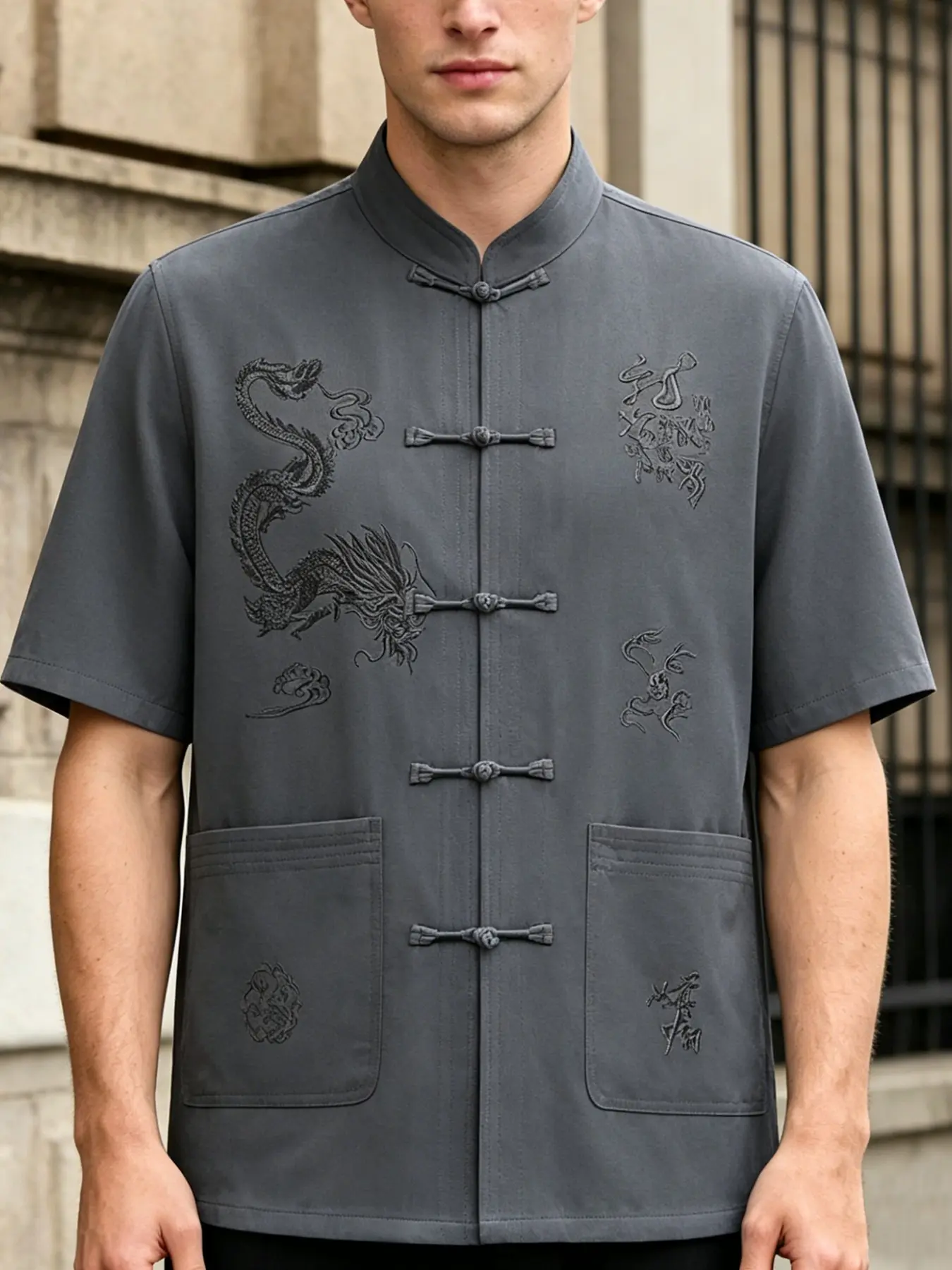 Men's Summer Casual Vintage Chinese Tang Costume, Cultural Traditional Dragon Embroidered Shirt, Short Sleeve Loose Fit Mandarin Collar Blouse