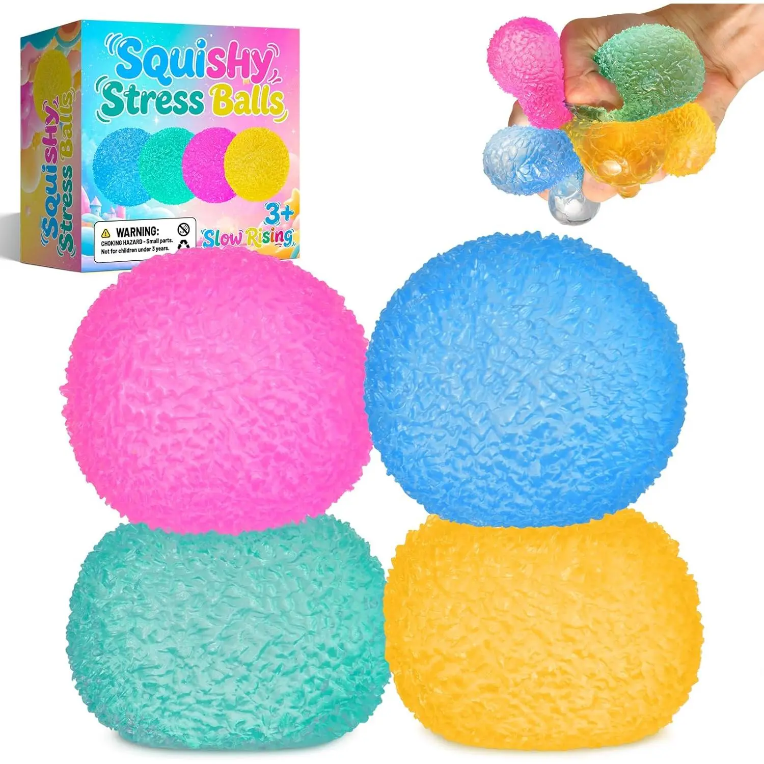 4 Packs Stress Balls for Kids Adult, Stretch and Squeeze Stress Balls for Anxiety Relief, Sensory Squishy Ball for Classroom Prizes Birthday Party Favor Gifts (Squeeze Ball)