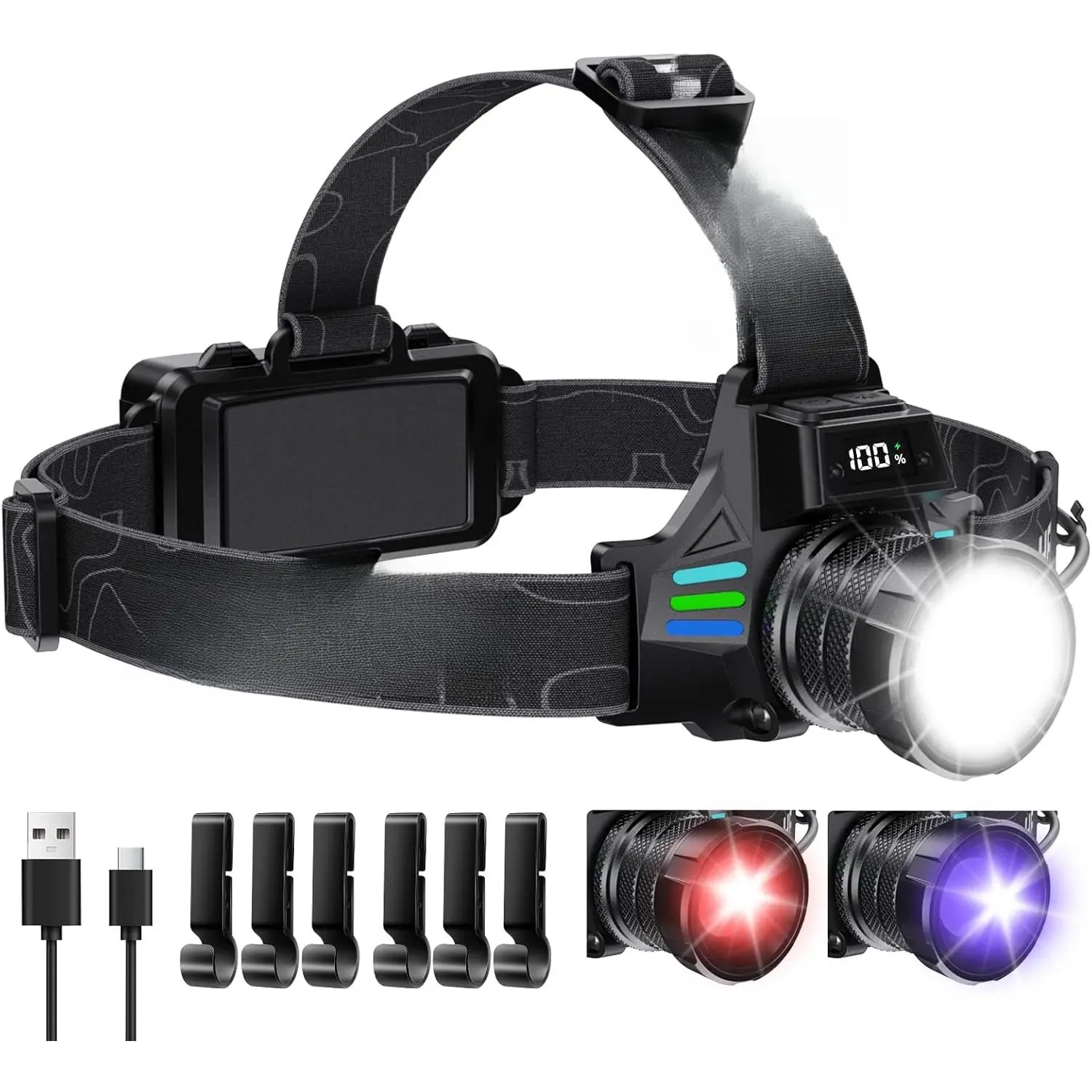 Headlamp Rechargeable with White/Red/UV/Black Light Headlight,1080 High Lumens Super Bright LED Headlamps Battery Powered,16 Modes Waterproof Head Lamp  Hardhat Hunting Pet Urine Detection