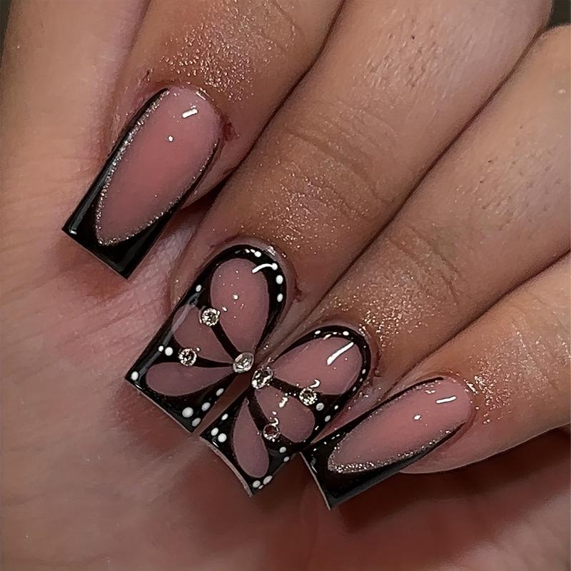 Foreign Trade Hot-Selling 24-Piece Nail Art High-End Fashion Simple Rhinestone Collection Butterfly Flower Cow Wearable Nails Wholesale