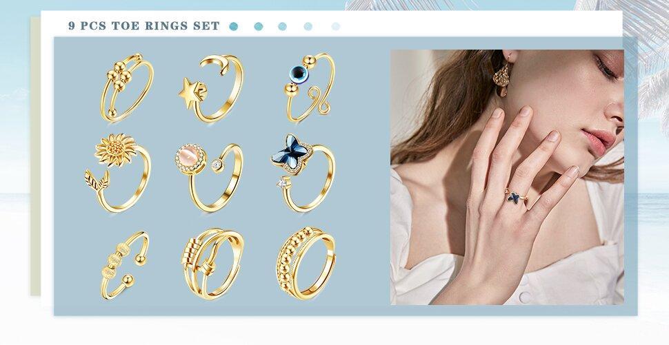 Trendy 9 Pcs Fidget Anxiety Rings for Women Men Spinner Rings for Anxiety Relieving Stress Open CZ Flower Moon Star Anti Rotatable Rings Adjustable