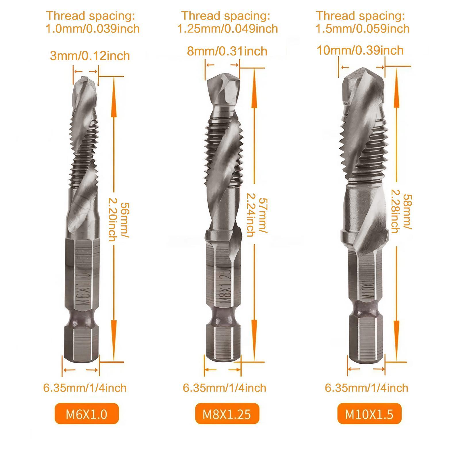 3 In 1 Spiral Tap Hex Shank Drill Bit Set,M3/M4/M5/M6/M8/M10 Drill Bits High Speed Steel,Professional Drill Accessories For Woodworking,Power Tool Accessories, Heavy Duty,Hardware, Cutting, Metal, Durable. 3 In 1 Spiral Tap Hex Shank Drill Bit Set,M3/M4/M5/M6/M8/M10 Drill Bits High Speed Steel,Professional Drill Accessories For Woodworking,Power Tool Accessories, Heavy Duty,Hardware, Cutting, Metal, Durable.