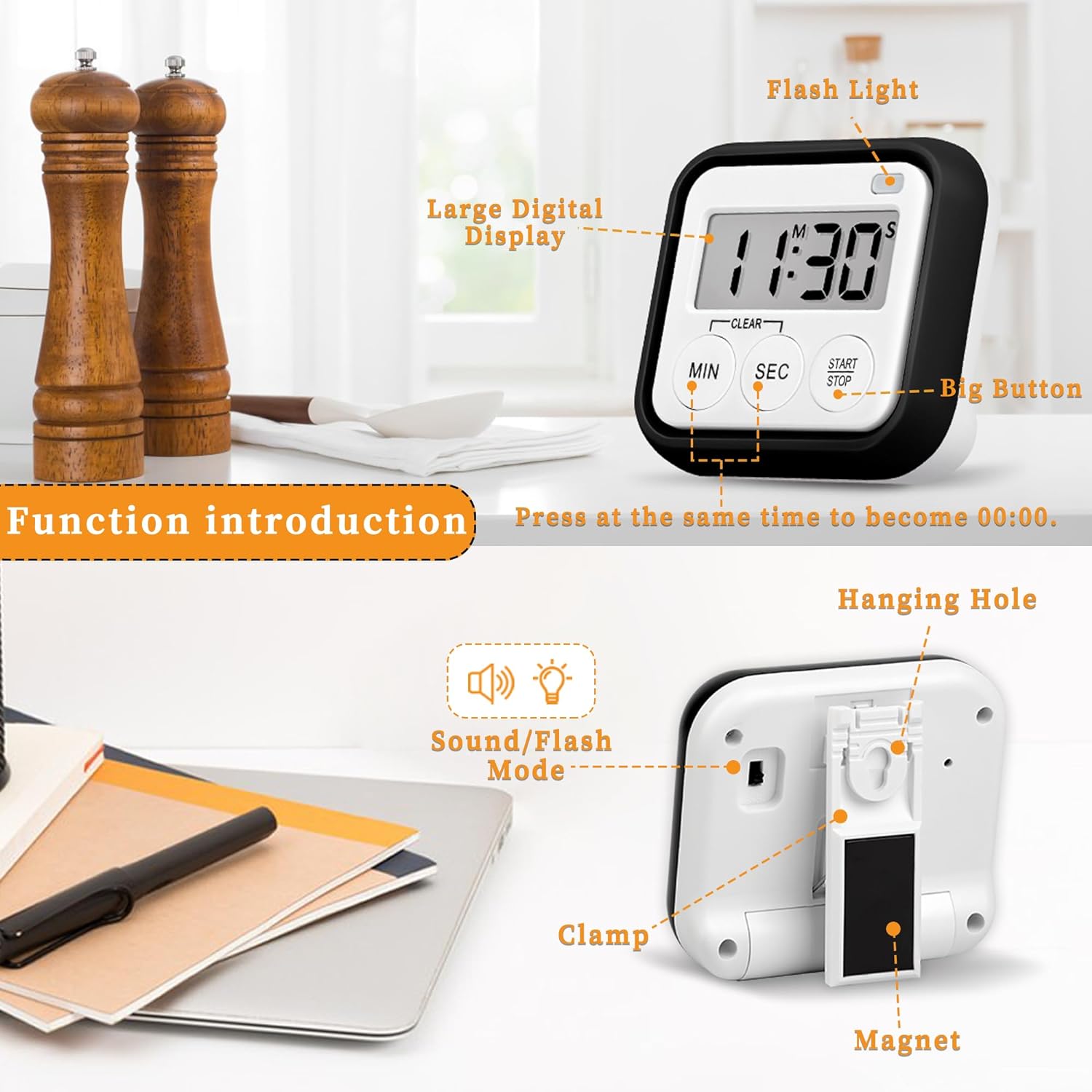 Timer, Kitchen Timers for Cooking Classroom Timer for  Teachers  Digital Timers 2 Pack, Black