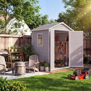 4x6 ft Outdoor Storage Shed with Floor, Plastic Resin Garden Shed with Window & Lockable Door, Sloped Roof, Tool Shed for Garden, Patio, Backyard, Lawn Mower, Bike Storage, Grey/Black+White/Brown(2 Boxes)