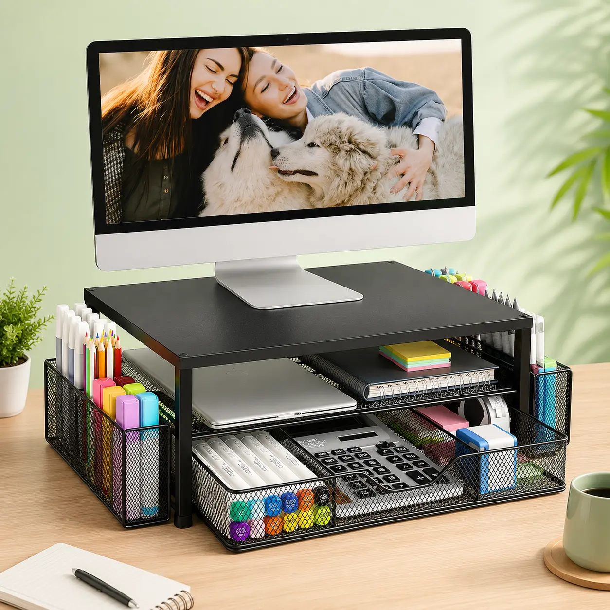 Modern Black 2-Tier Monitor/Laptop Stand Riser with Storage Drawer, 2 Pen Holders, Screen Elevation & Desktop Organizer for Home Offices Supplies, Storage Drawers