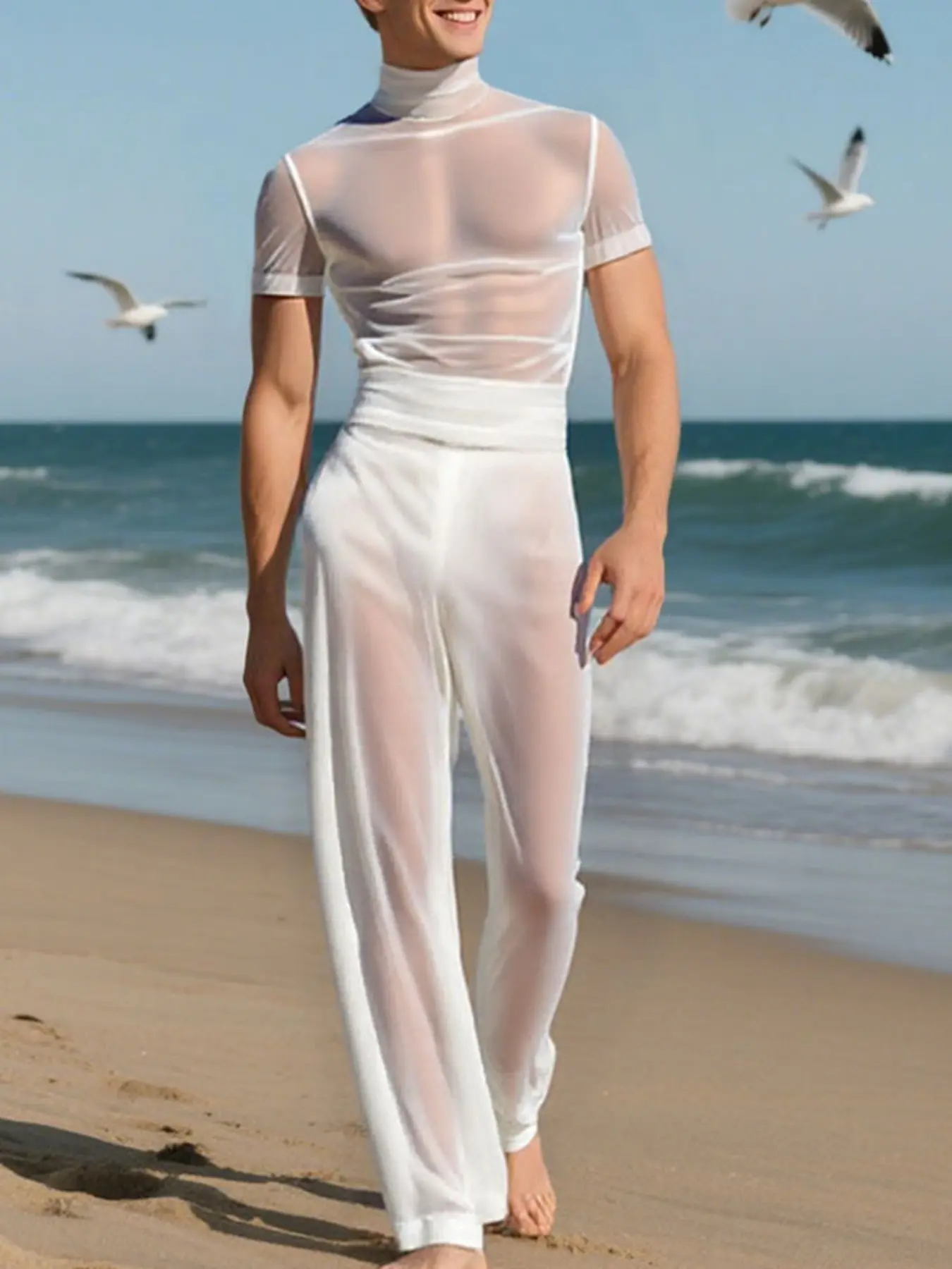 INCERUN Men's Casual Fashion Set, Transparent Short Top + Elastic Waist Long Pants, Two-Piece for Parties and Gatherings