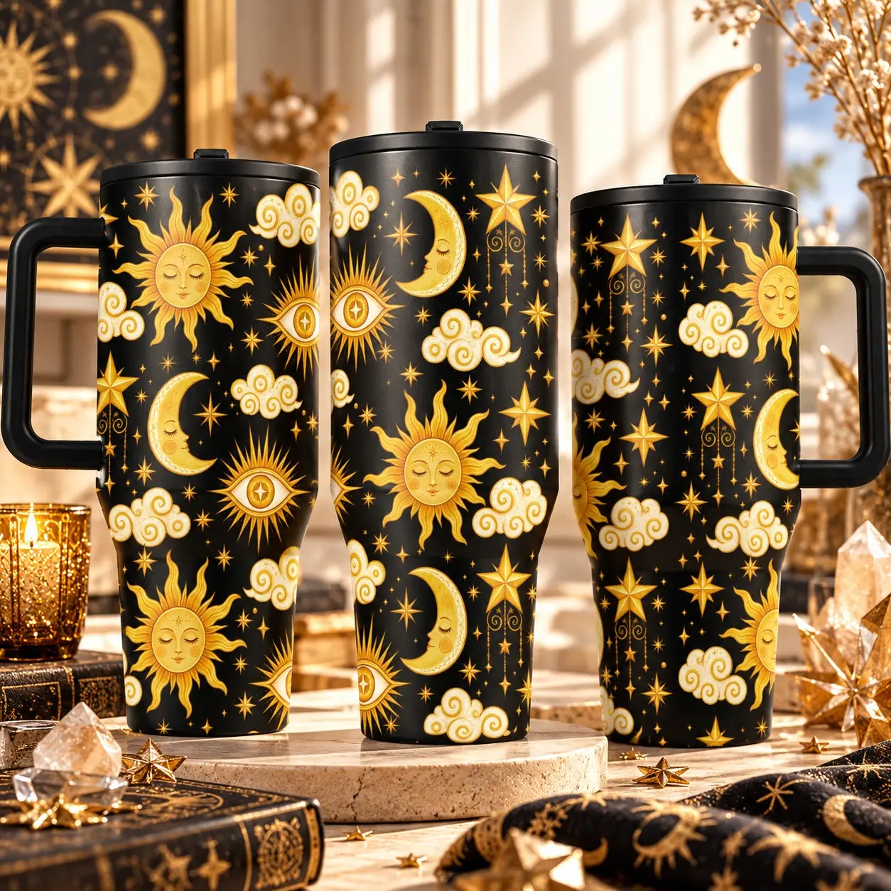 1PC 40oz Sun Moon Tumbler with Handle, Black Gold Celestial Stars Clouds Insulated Stainless Steel Travel Cup, Double Wall Large Capacity Coffee Water Mug, Cup Holder Friendly, Boho Astrology Gift for Daily Travel