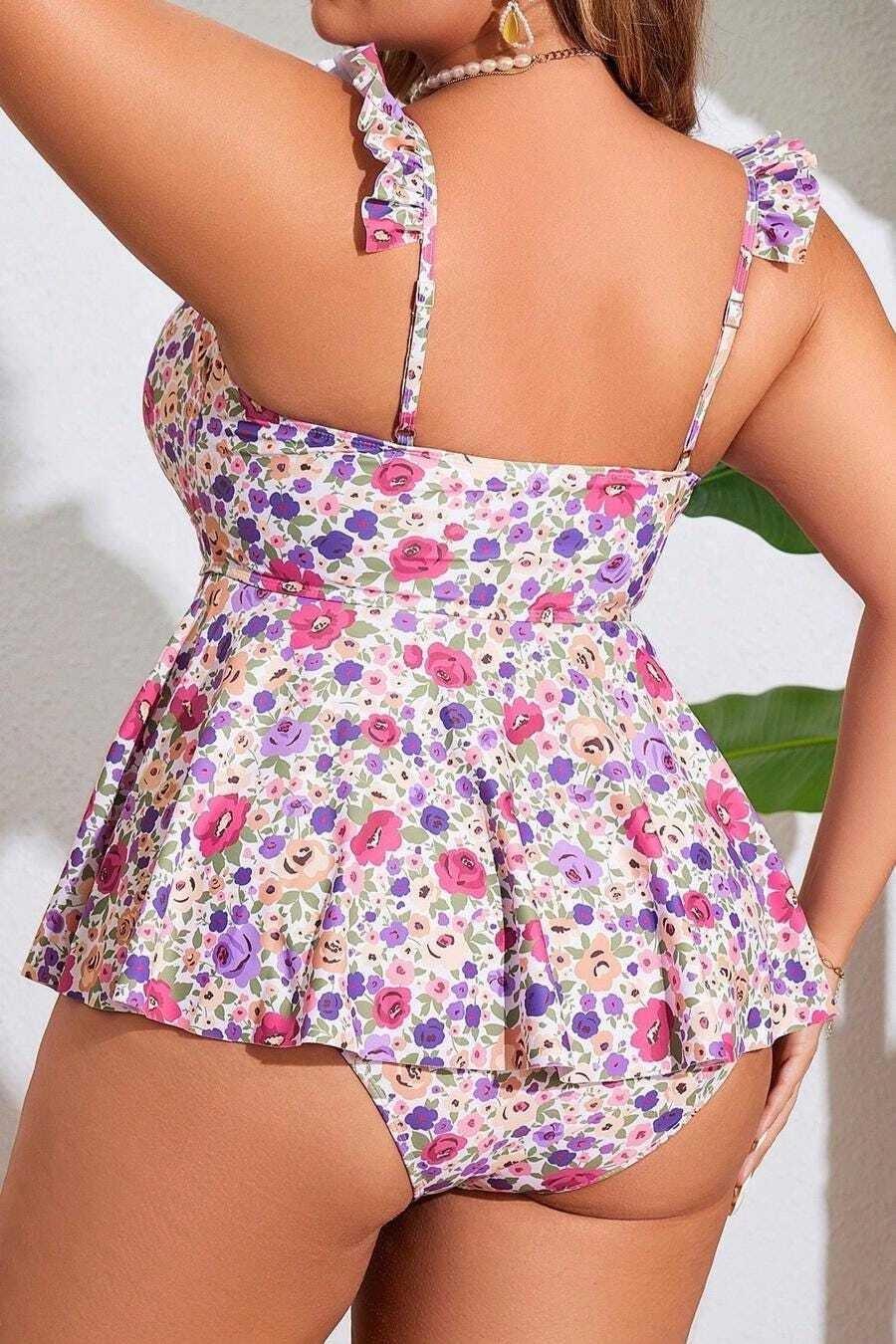 New Plus Size Women  Ruffle Strap Drawstring Keyhole Front Tankini Set, High Stretch Dopamine Floral Print Tummy Control Two Piece Swimwear, Modest Curvy Beach Bathing Suit