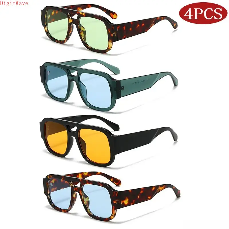Unisex Plastic Square Frame Double-Bridge Sunglasses - 1/4 Sets Large Candy Color Trendy Shades, Lightweight Sunshade Non-Prescription Glasses for Outdoor Sports, Gifts for Him, Accessories Adults