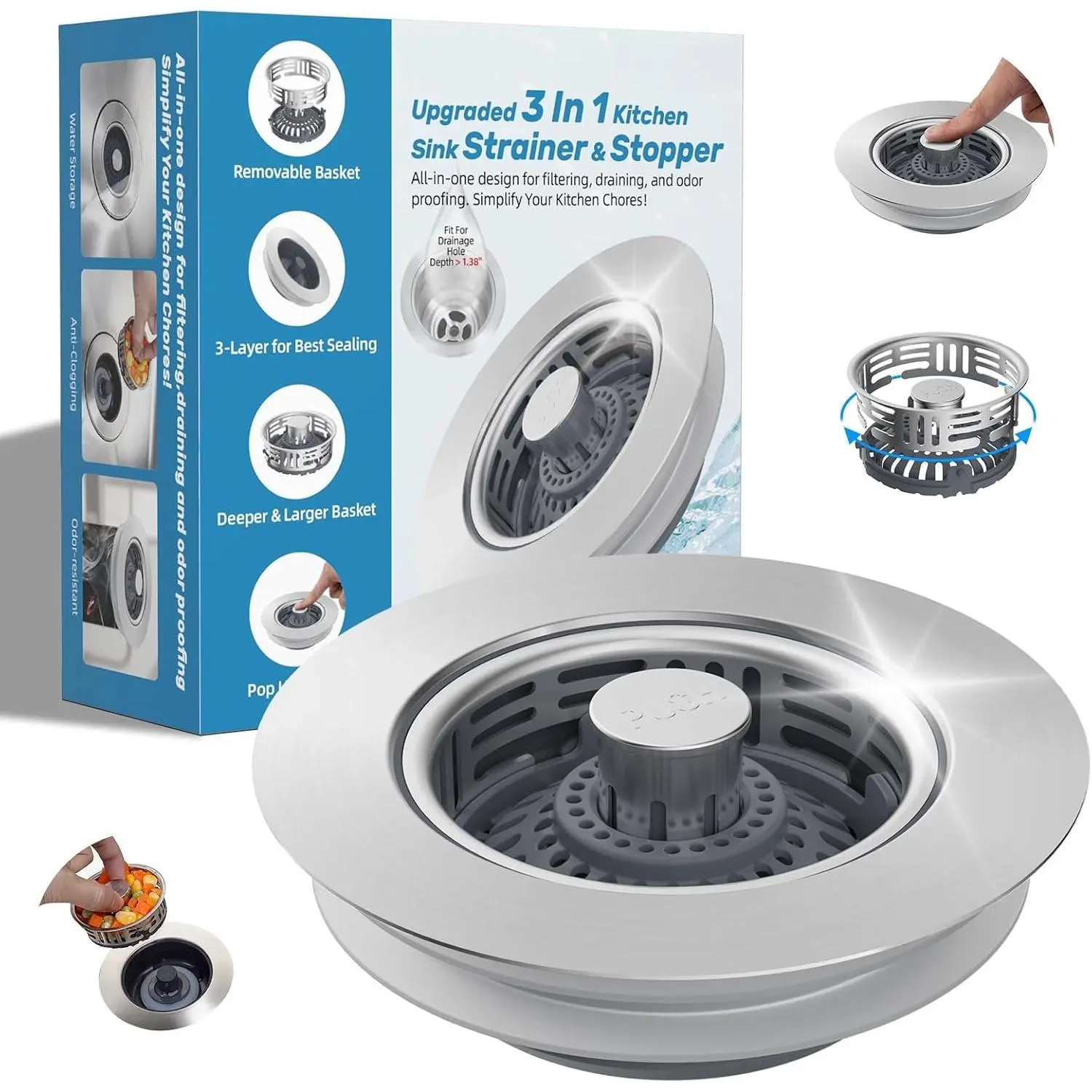 Upgraded 3 in 1 Kitchen Sink Drain Strainer, Stainless Steel Pop Up Sink Stopper, Larger Anti-Clogging Basket, 3-Layer Seal, Detachable Drain Plug for  Standard 3-1/2" Drain, Brushed Nickel