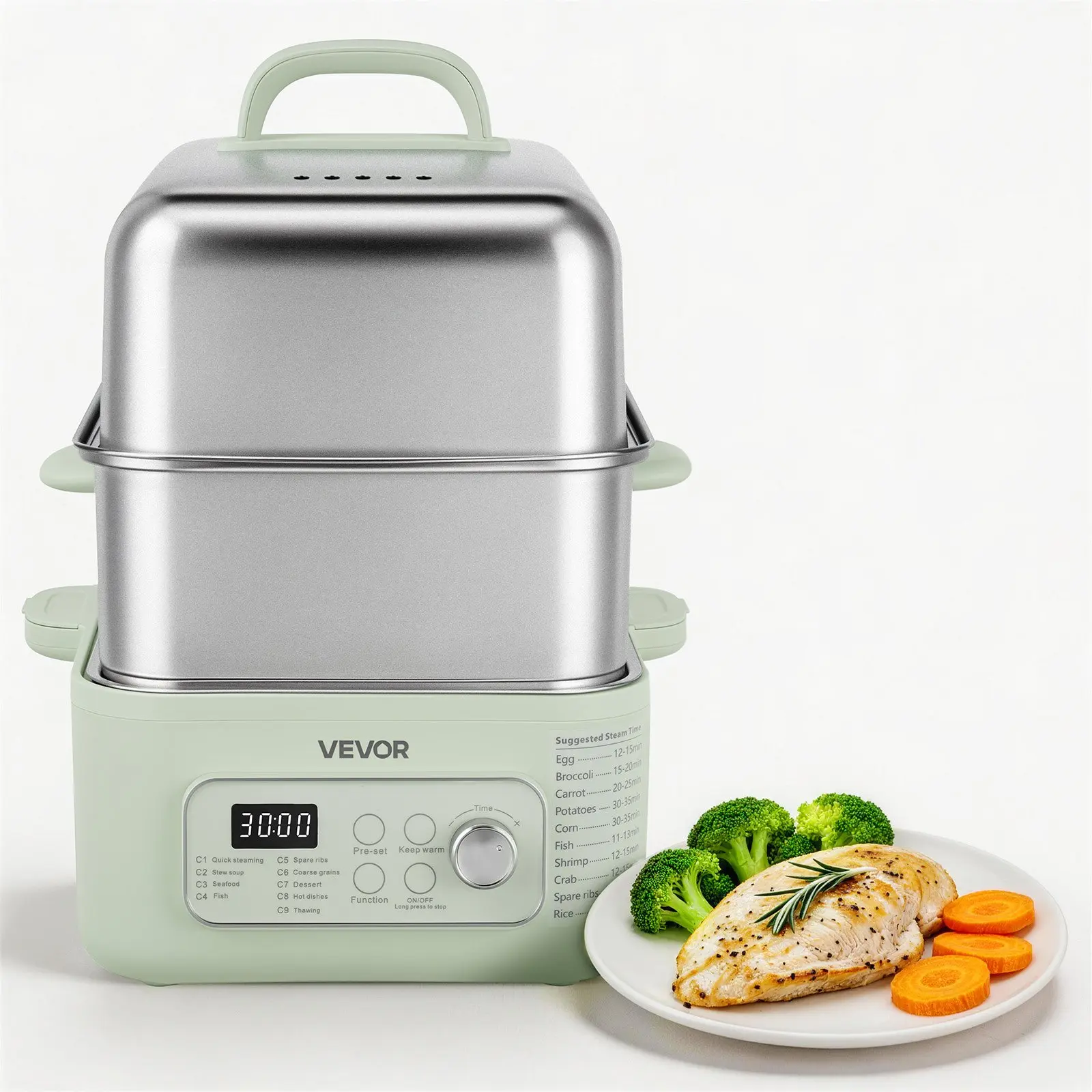 VEVOR 2-Tier Stainless Steel Electric Food Steamer, 13.7 QT 1500W Steam Power for 3-6 Servings, 9 Pre-Set Menus, Keep Warm Function for Veggies, Seafood, Rice