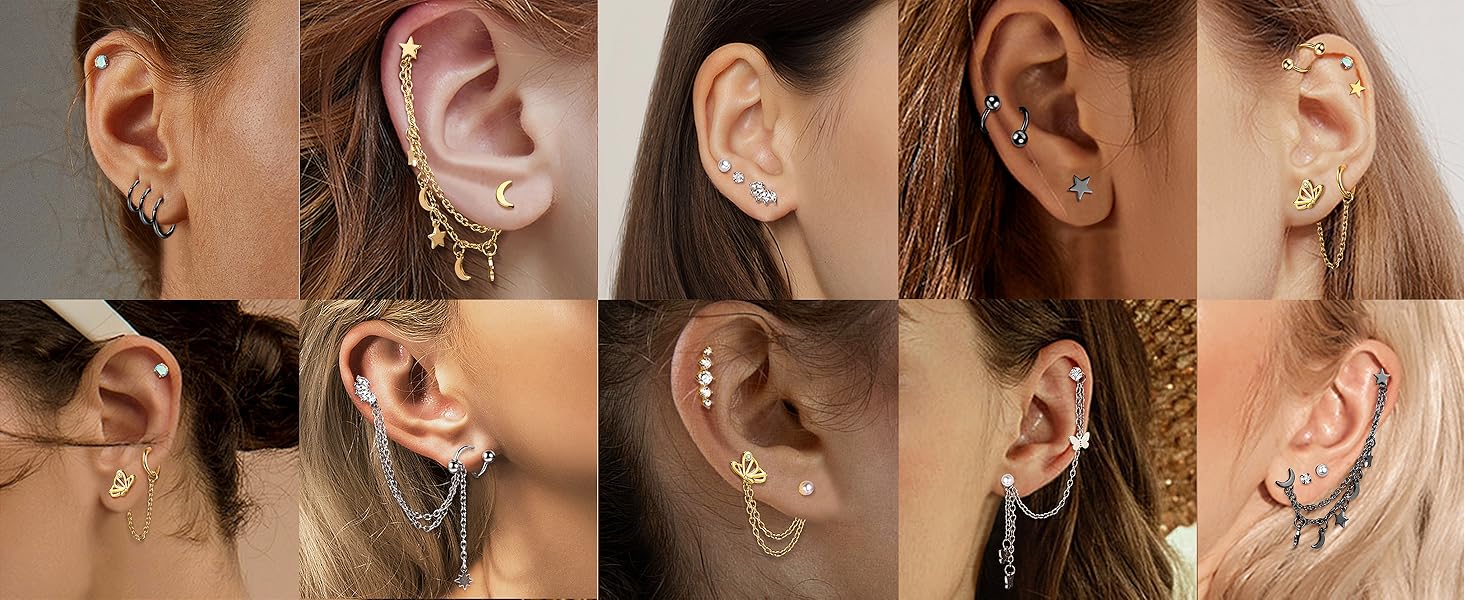 11Pairs 20G Stainless Steel Cartilage Earrings Set - Flatback Star Moon Butterfly CZ Studs Huggie Hoops Chain Dangles for Women Men Helix Tragus Piercing