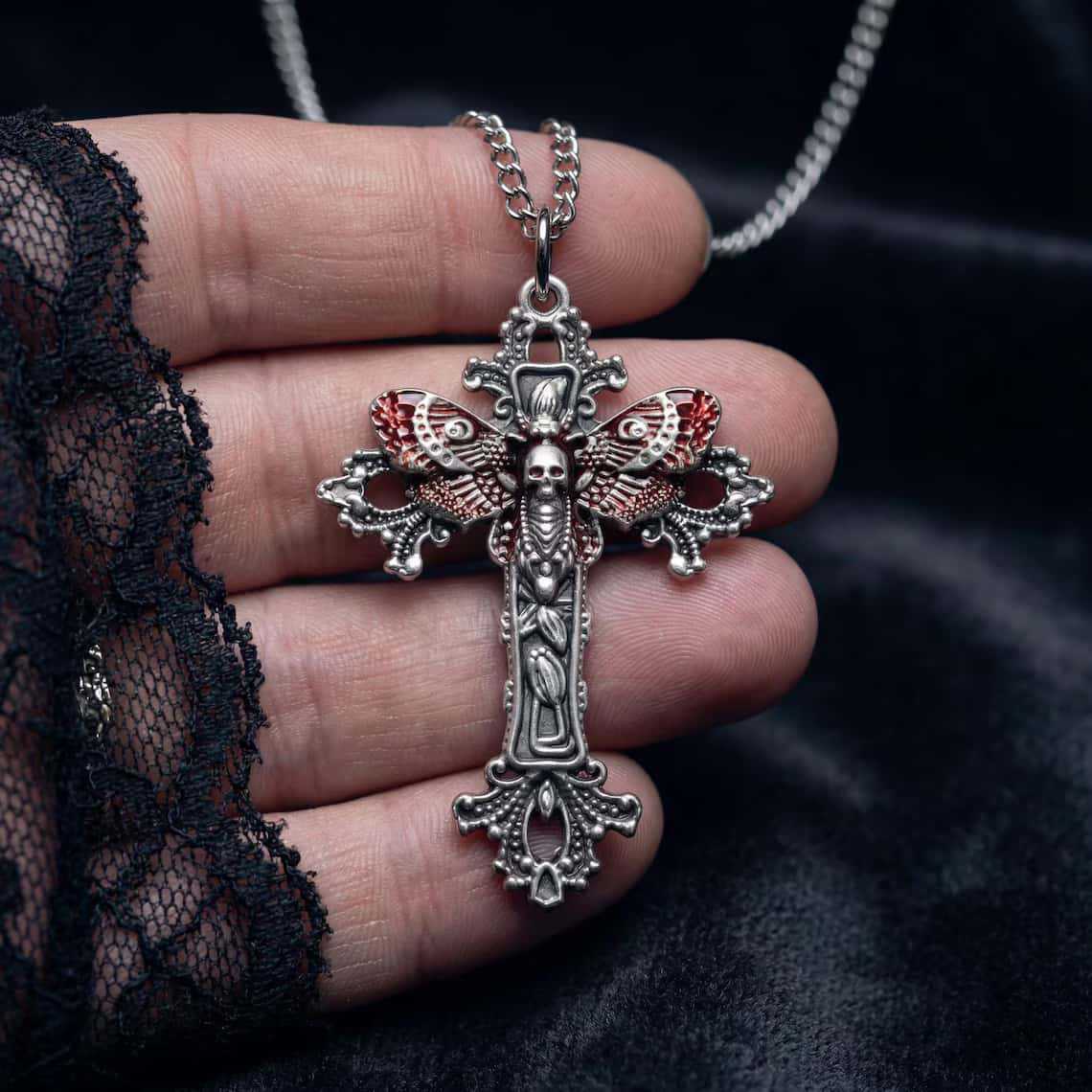 Gothic Cross Necklace Death Skull Moth Pendant Victorian Gothic Jewelry Alternative Aesthetics Directly from the Manufacturer