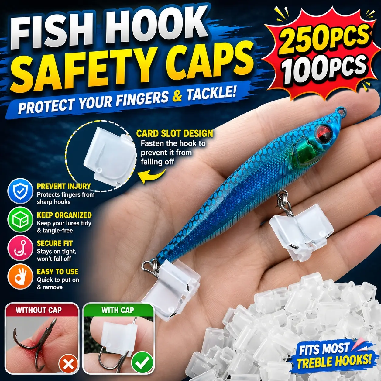250/100pcs high-quality white fishing hook caps, safety covers for fishing hooks, plastic treble hook sleeves