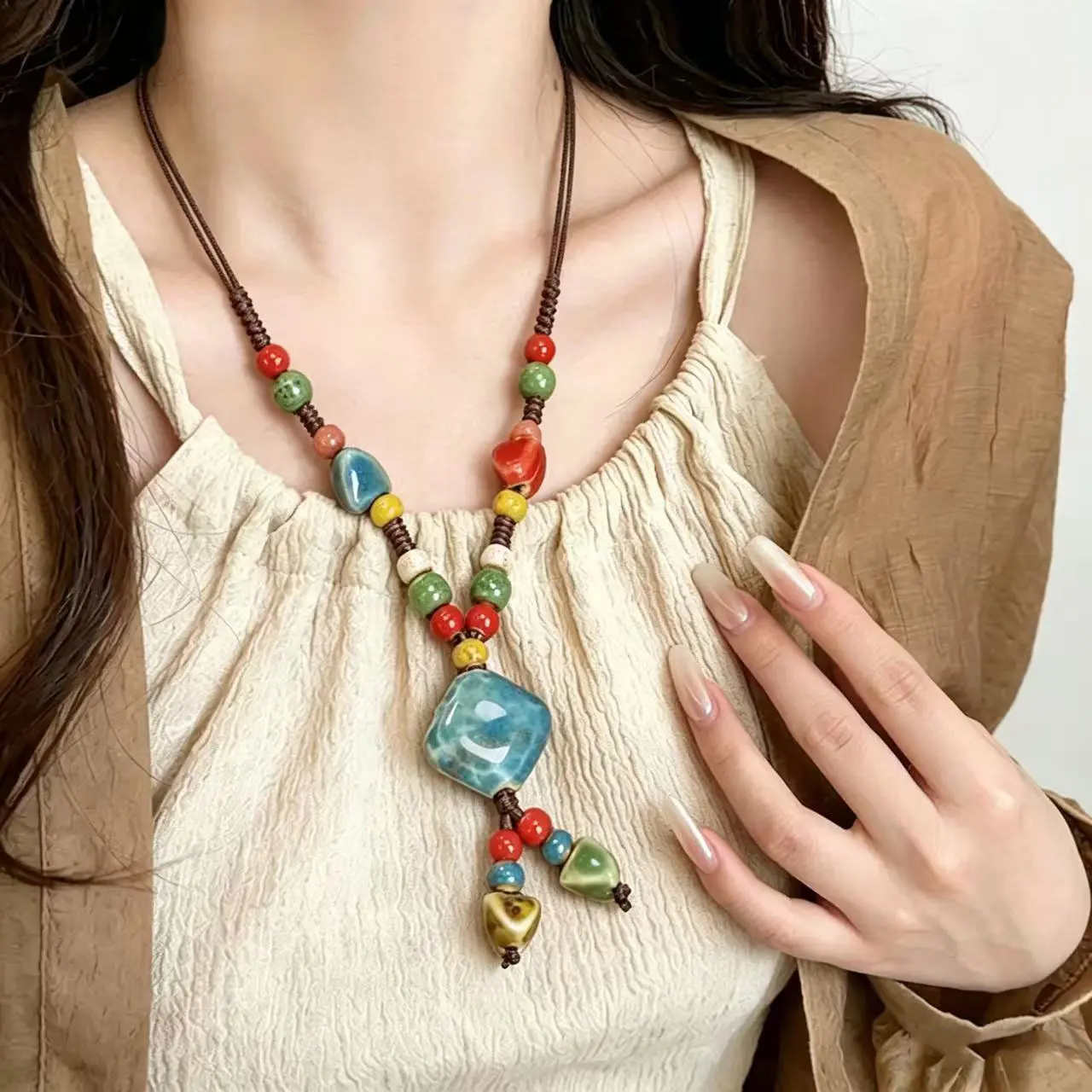Boho Vintage Beaded Necklace for Women Adjustable Long Ceramic Beads Pendant | Vibrant Colorful Ceramic Beads Handmade,Daily/Party Wear, Bohemian Daily Vacations, Party Wear, Jewelry, Holiday Gift