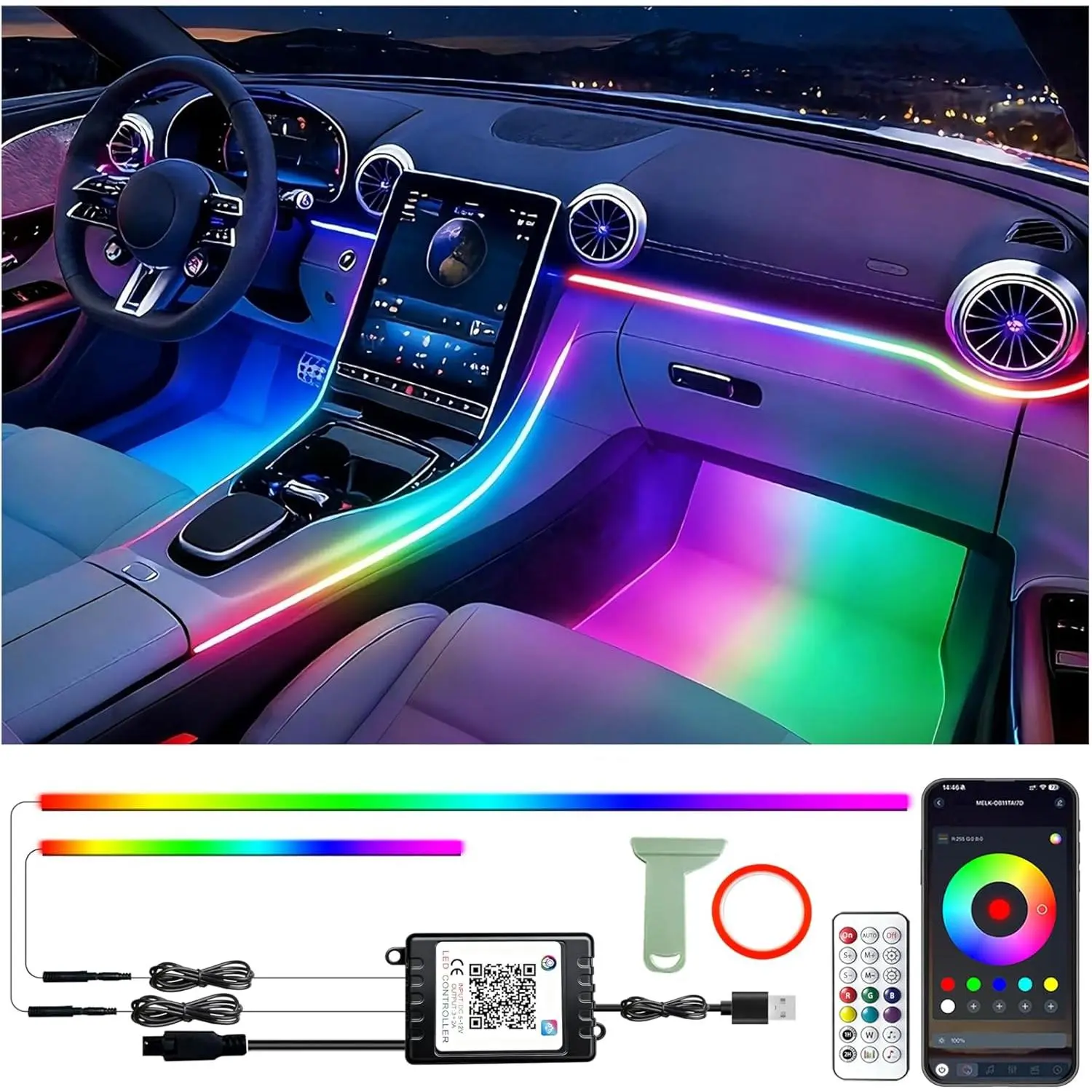 RGB-IC  Led Strip Lights, Interior  Lights, App and Remote Control Ambient Lighting Kit with 16 Million Colors Fiber Optics& Sync Rhythm, USB Neon Light Accessories for Center Console&Door