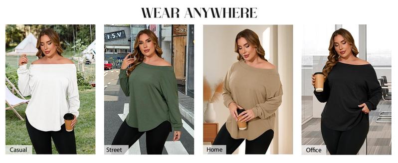 Women's Plus Size Tops Off Shoulder Long Sleeve Loose T Shirts Casual Curved Hem Tunics Tee Shirt