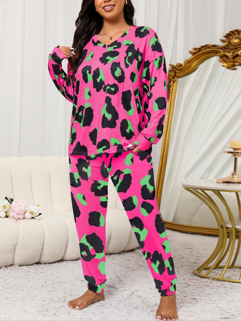 2 Piece Set Plus Size Leopard Print Pyjama Set, Casual Long Sleeves Drop Shoulder Tee & Plain Pants Set for Women, Women's Sleepwear for Spring & Fall,  Pyjamas for Women, Pajama Set