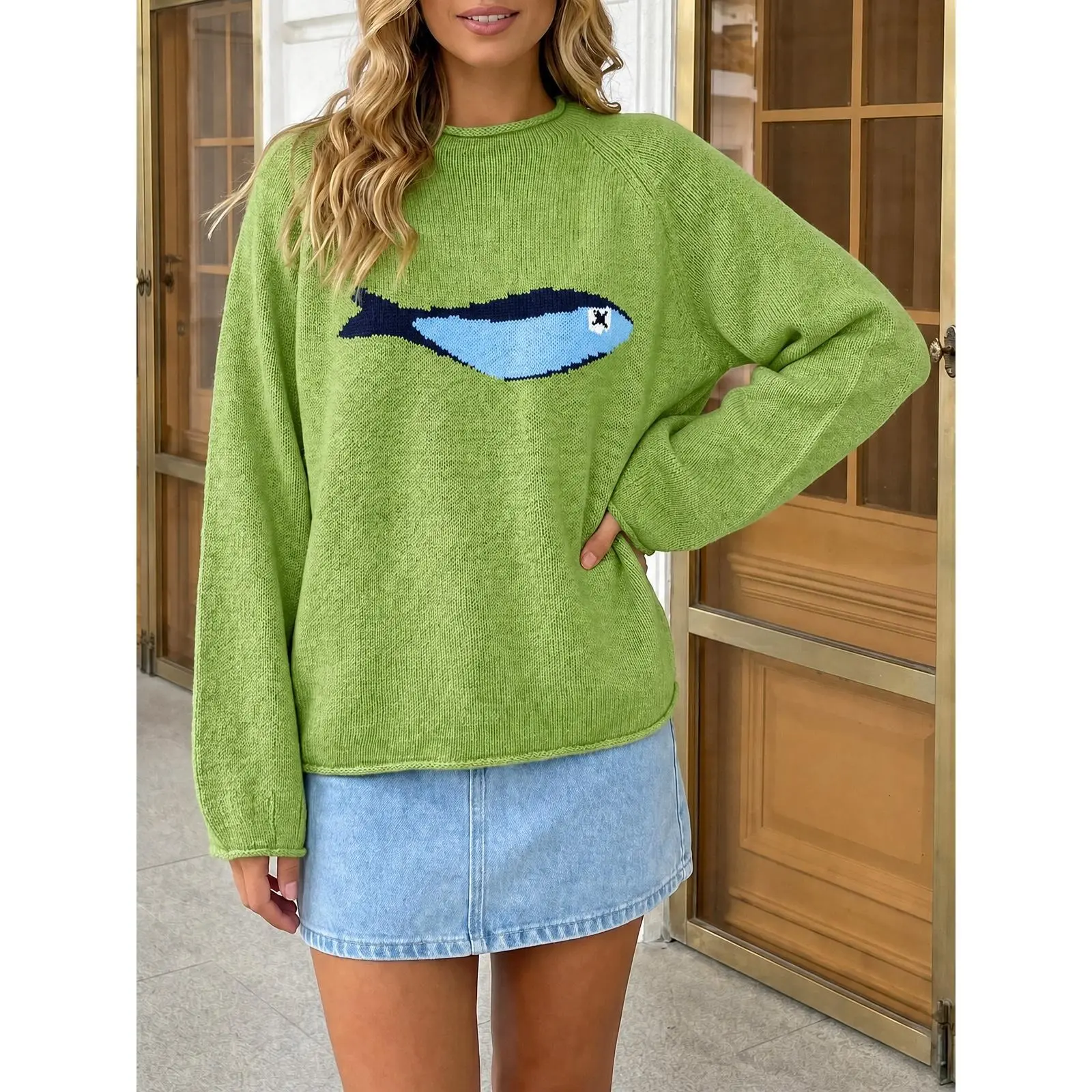 TANKANEO Women's 90s Oversized Fish Print Knitwear, Casual Baggy Long Sleeve Roll Neck Chunky Adorable Style Pullover, 90s Oversized Women's Pullovers Option