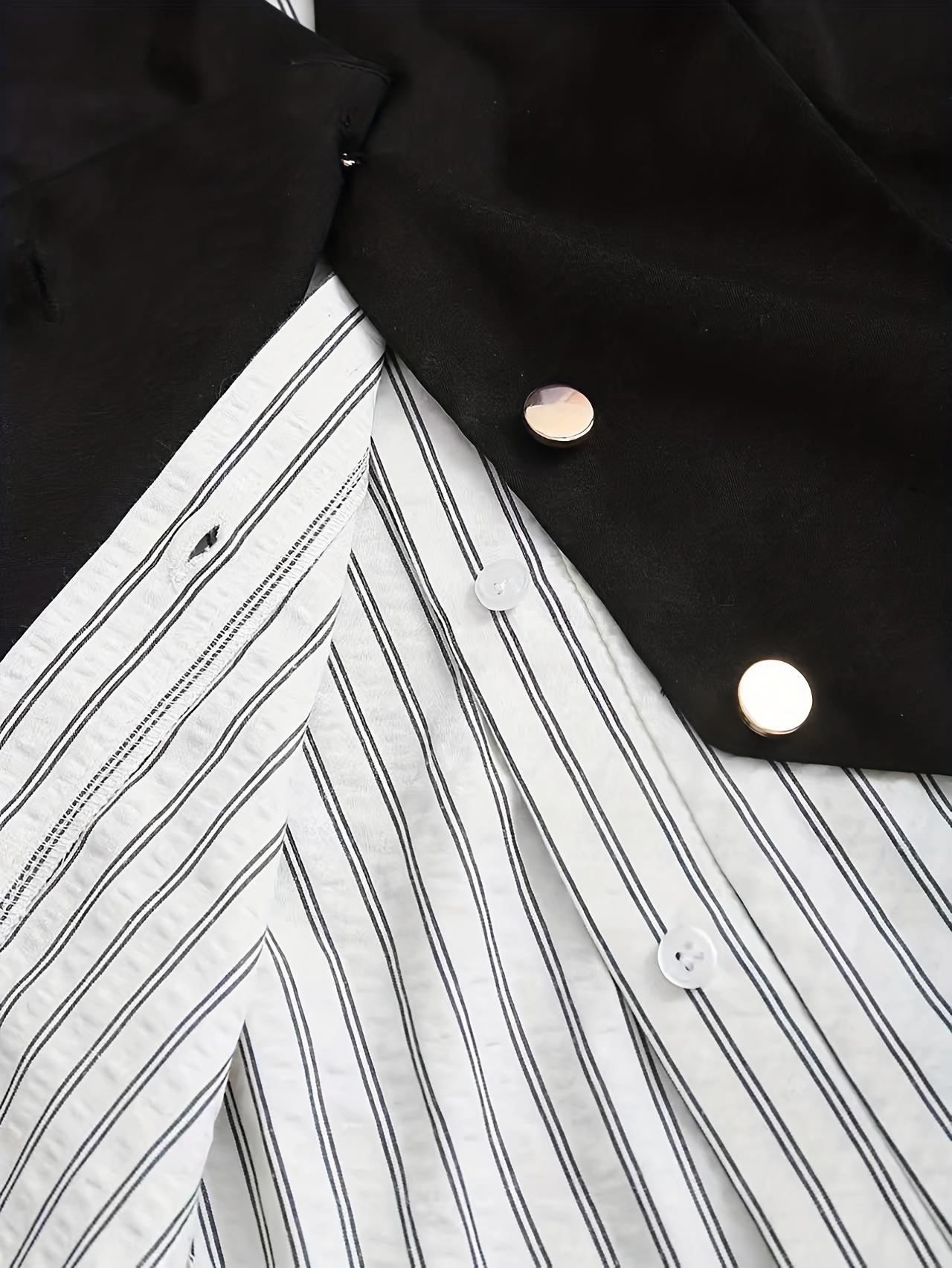 Faux Two-Piece Long Sleeve Plaid Blouse for Women, V-Neck Vest Lined Button Down Top, Slim Fit Business Casual Design, Ideal for Office Commute, Client Reception & Daily Professional Outfits