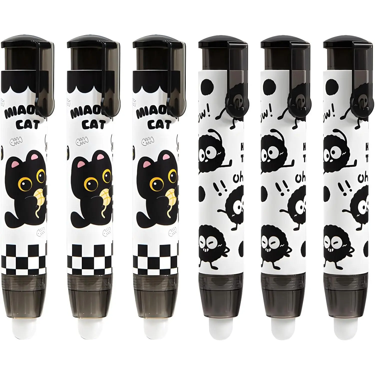 6 count Retractable Black Cute  Eraser Cartoon Pen Pencil Erasers Kawaii Birthday Christmas Gifts for School  Office Supplies