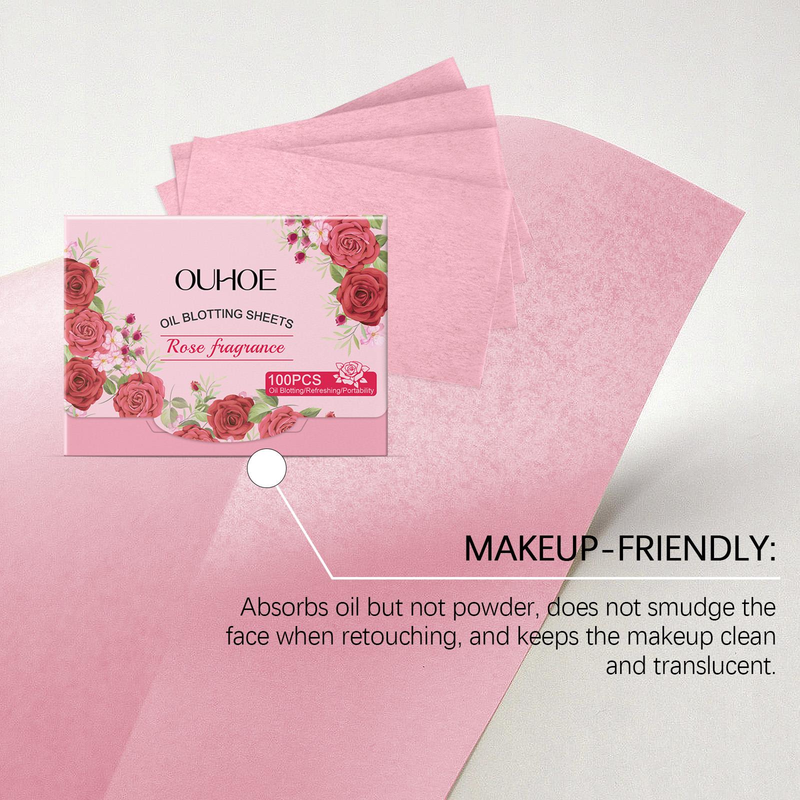 OUHOE Oil Blotting Sheets (Rose), Cellulose & Kaolin Dual Oil Control, Rose Flower Extract Beauty Care + Vitamin E Antioxidant, Brightens Skin, Makeup-Friendly No Powder Removal, Soft for Oily Skin