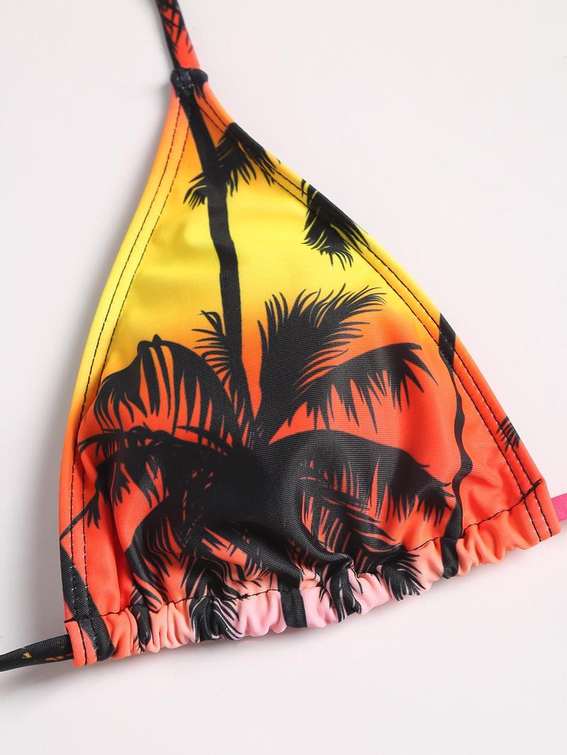 Women's Vacation Palm Tree Printed Halter Bikini Set With Tie Strings And Matching Bikini Set Cover-Up Skirt, Random Print, 4pcs/Set Summer Beach