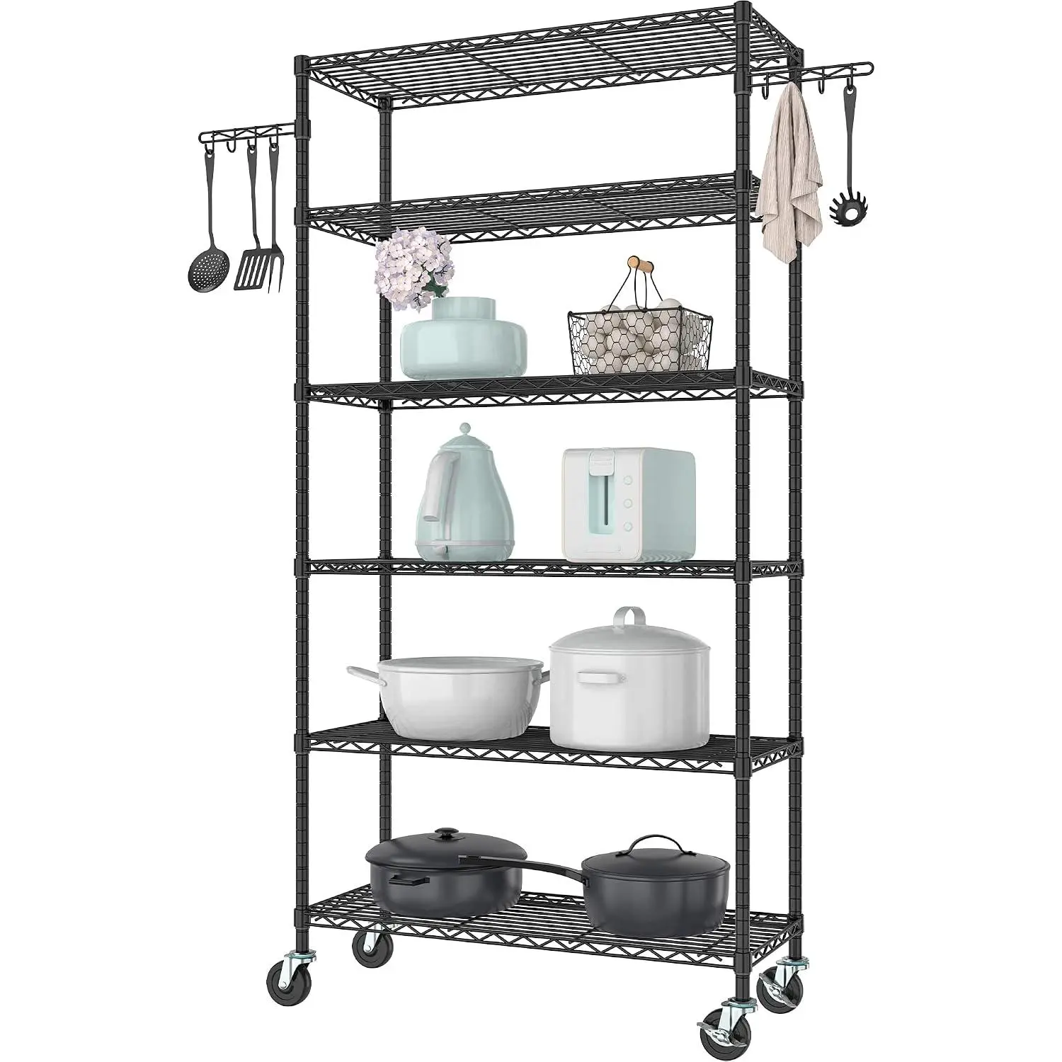 6-Tier Metal Storage Rack with Wheels, NSF Sturdy Adjustable Wire Shelving Unit for Garage Kitchen Pantry Laundry Room, 36" W x 14" D x 75" H Large Rolling Organizer Shelf Easy Assembly, Black