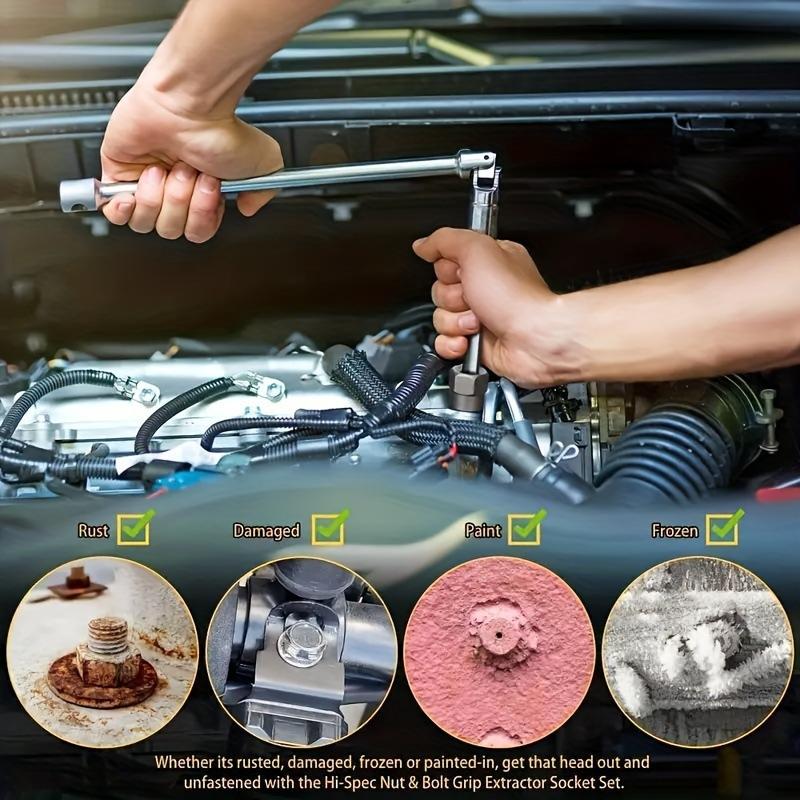 14-piece nut and bolt extractor tool for removing damaged or defective nuts, screws, and hex bolts basin wrench battery impact household maintenance sink storage box pipe organizer rack tire change special durable hand universal socket wrench place