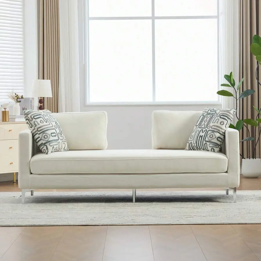 77.5" Upholstered Slipcovered Sofa, Chenille Deep Seat Lounge Chair With 4 Pillows, Modern Settee 2-Seater Couch With Open Backrest, Sleeper Bench With Track Arms, Loveseat For Living Room, Bedroom, Guest Room,boneless upholster cou,rustic,,apartment,use,