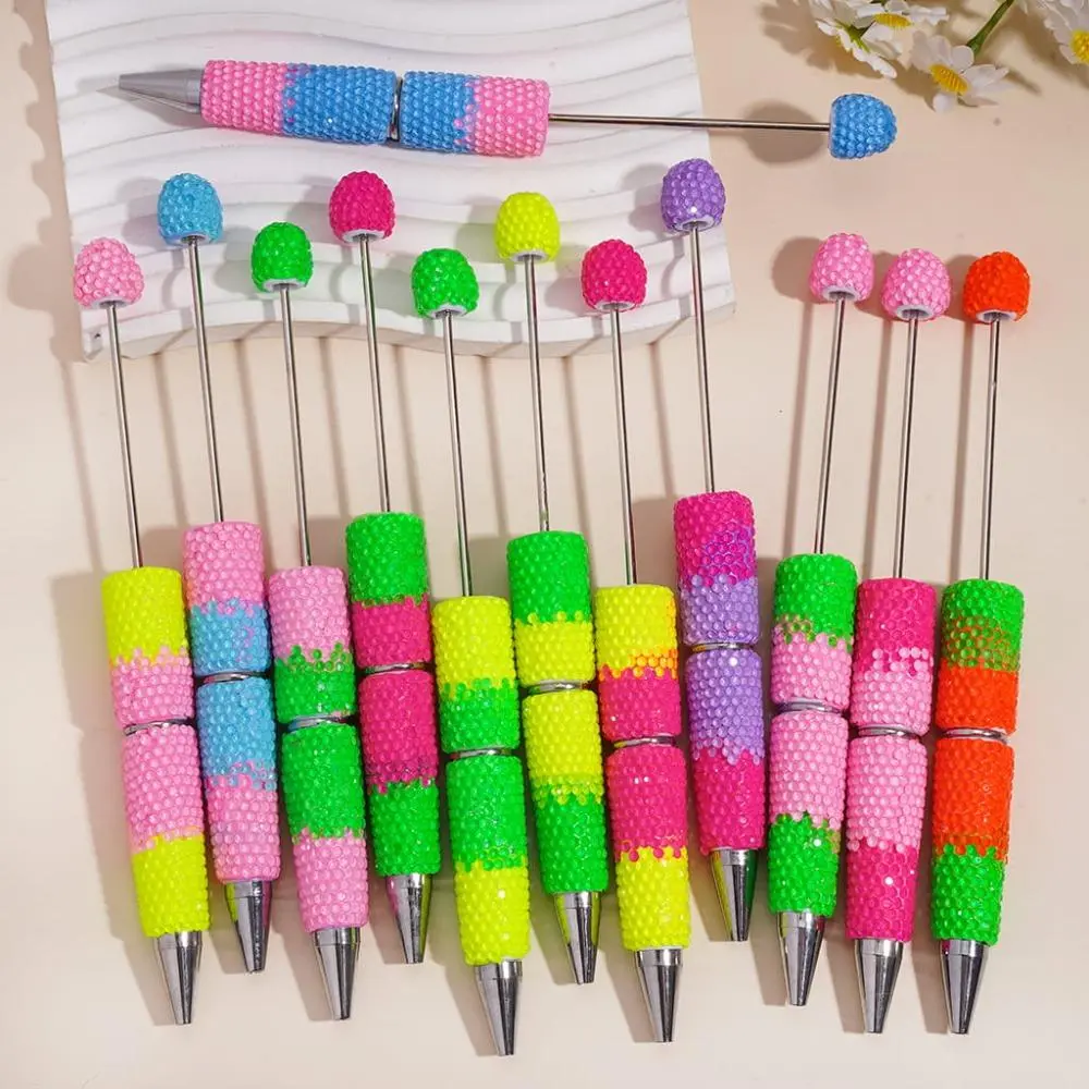 Unisex 15PCS Fluorescent Color-Changing Beadable Pen Kit - 5 Full Rhinestone DIY Ballpoint Pens, 10 Black Ink Refills for Crafting, Teacher Gifts