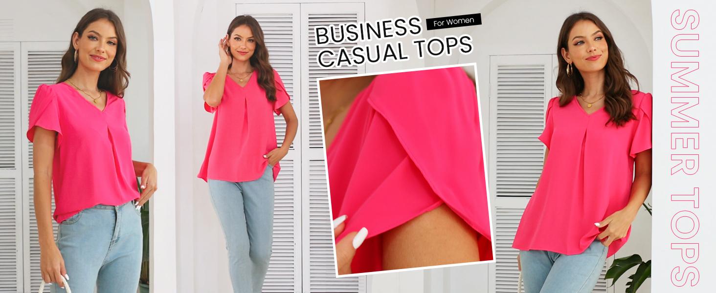 Women's Summer Tops Short Sleeve Dressy Chiffon Blouses V Neck Work Tunic Tops Casual Loose T-Shirts with Pleated Stitched A-Line Design #Springfresh