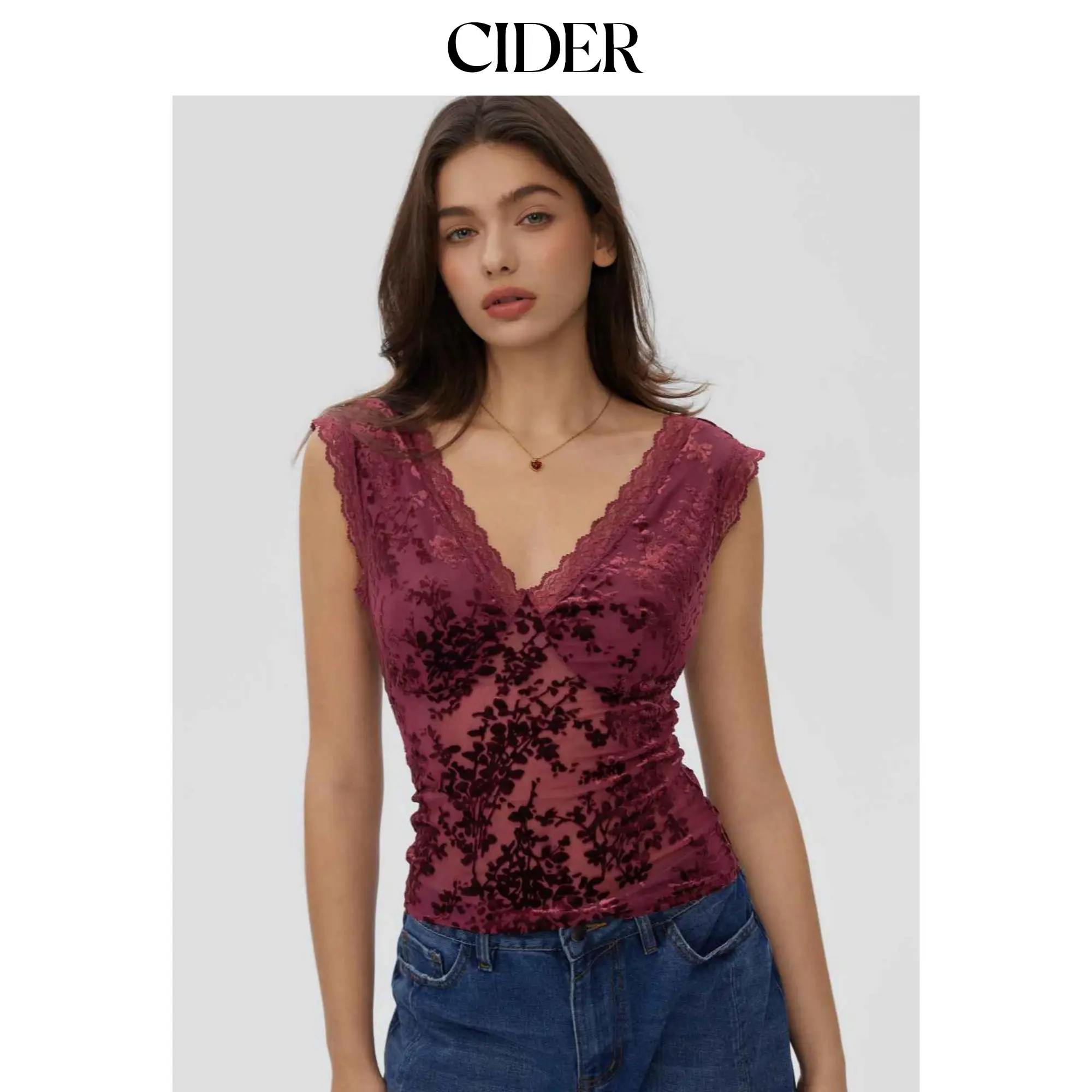 Cider Flocked Floral Lace Panel V-neck Sleeveless Top SummerWins SummerFinds
