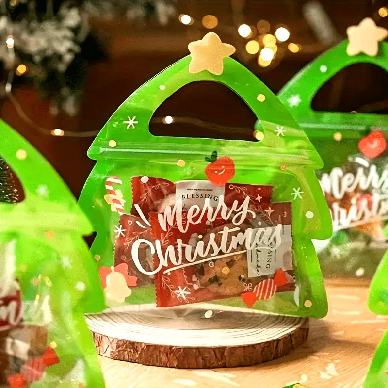 30 Pcs Christmas Tree‑Shaped Gift Bags with Reindeer, Resealable Plastic Zipper Snack Bags with Handles, for Candies, Cookies, Holiday Party Favors & Gifts