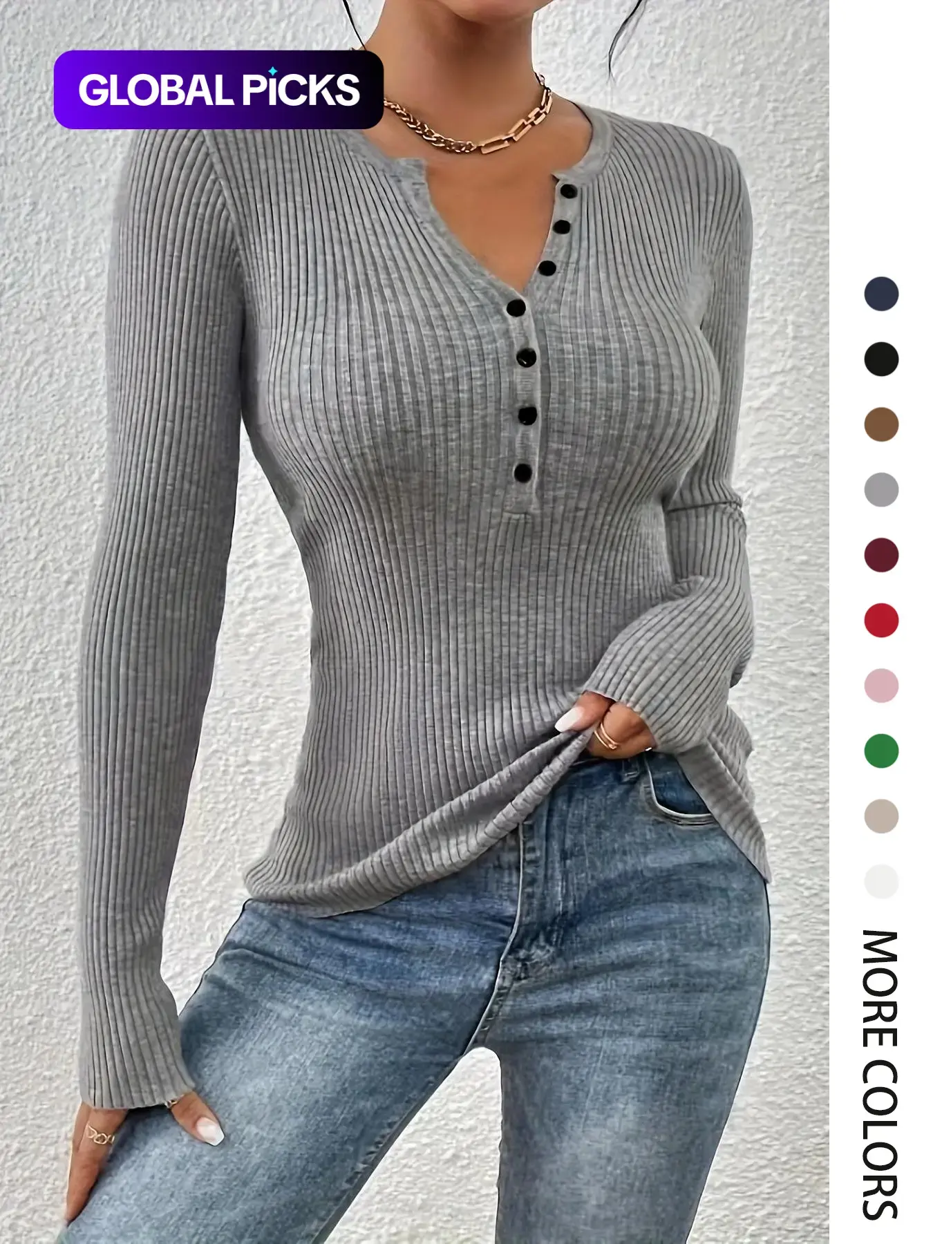 Women's Plain Basic Button Front Ribbed Sweater Tops, 2025 Elegant Chic Slim Fit Long Sleeve Round Neck Jumper Tops for Spring, Fashion Ladies' Knitwear for Daily Wear, Slim Fit Sweater for Women, Sweaters for Women, Knitting