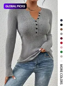 Women's Plain Basic Button Front Ribbed Sweater Tops, 2025 Elegant Chic Slim Fit Long Sleeve Round Neck Jumper Tops for Spring, Fashion Ladies' Knitwear for Daily Wear, Slim Fit Sweater for Women, Sweaters for Women, Knitting