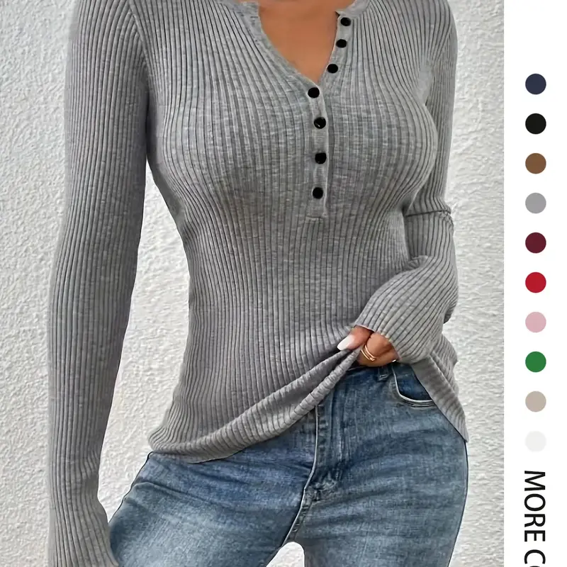 【Black Friday】Women's Plain Button-Front Ribbed Knit Top, Elegant Slim-Fit Long-Sleeve Round-Neck Sweater for Spring, Chic Knitwear for Daily Wear #GLOBAL PICKS