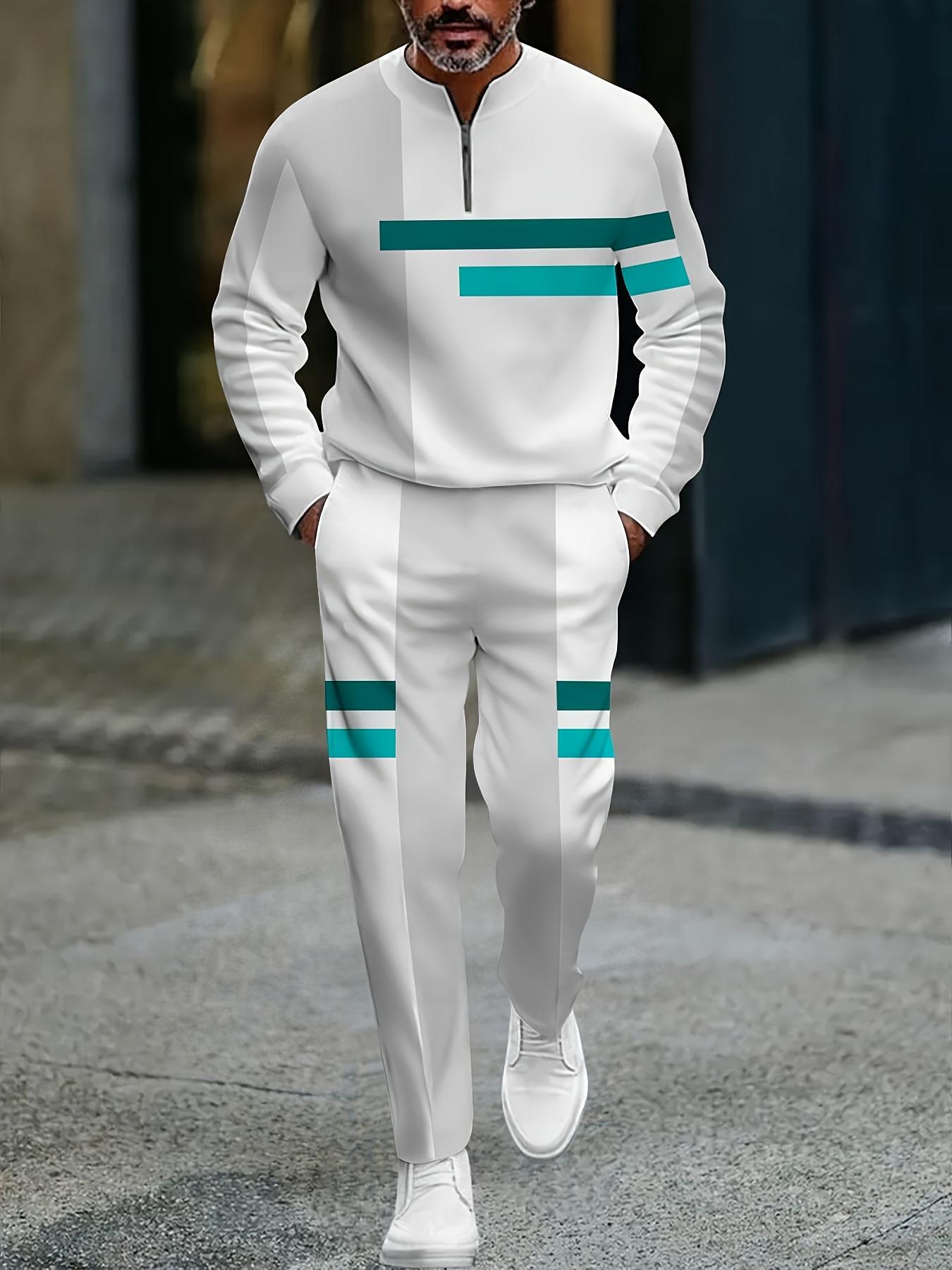 The new men's color-blocked sports suit, featuring a white half-zip sweater paired with matching trousers, is adorned with black and yellow stripes, exuding a trendy vibe. The fabric is comfortable and skin-friendly, suitable for daily commuting and casua