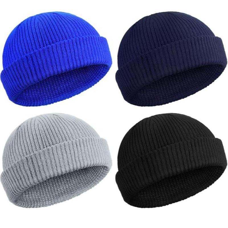 Large Size 2 or 4 Piece Fisherman Beanie for Men Hat Short Knit Cuff Beaniess Trawler Beanie Watch Hat Roll up Edge Skullcap Unisex