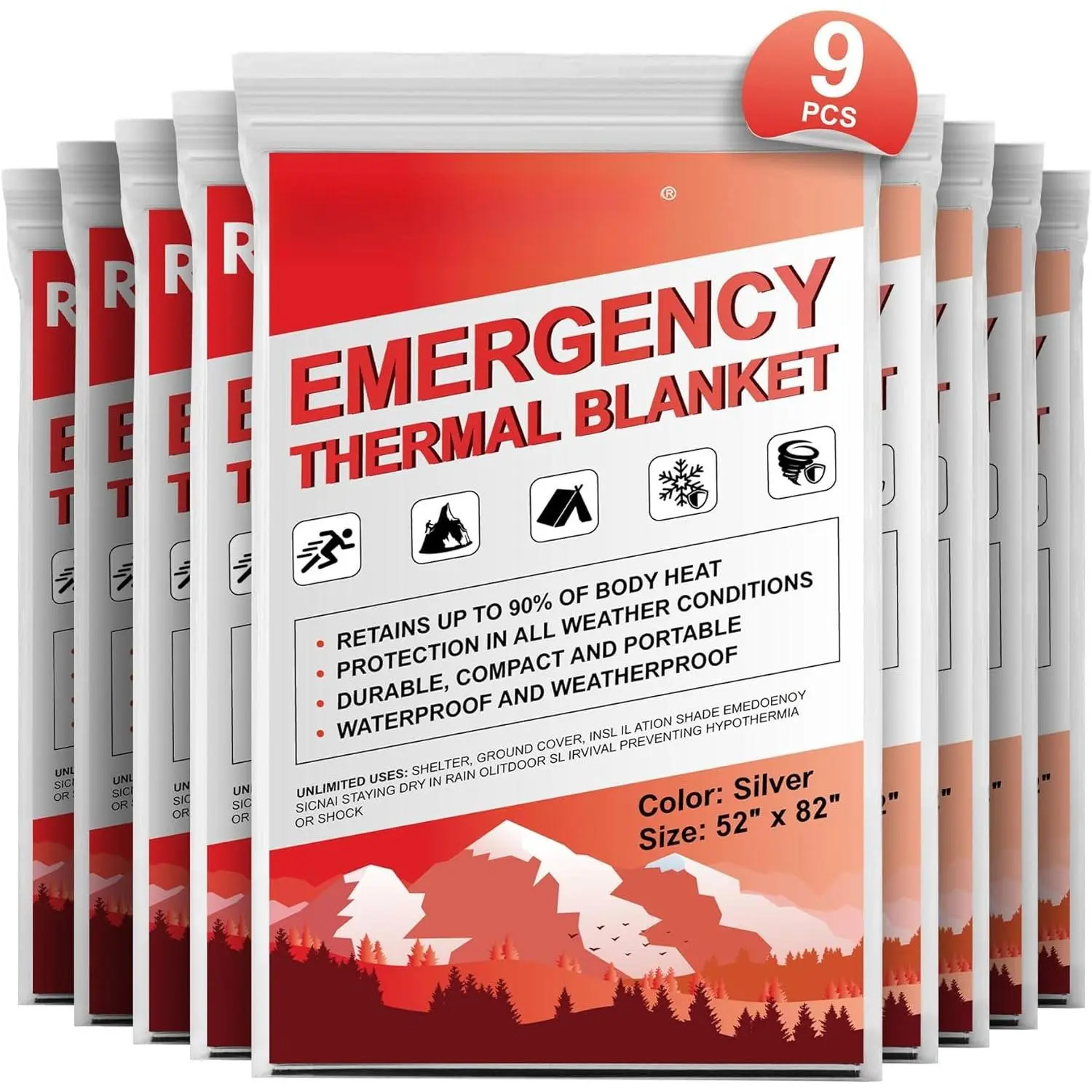 9-Pack Mylar Thermal Space Blankets, Outdoor Insulated Emergency Kit Gear for Camping, Hiking, Wilderness Rescue